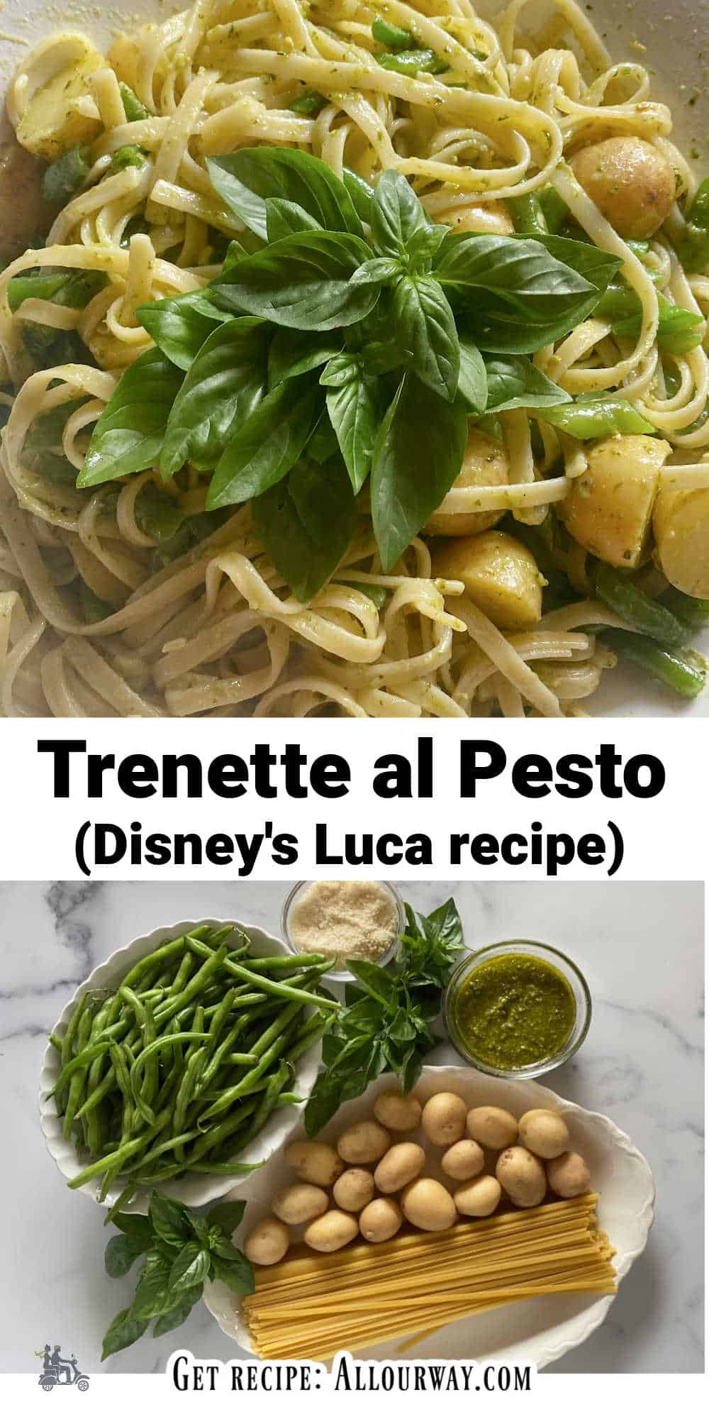 A collage featuring the Trenette al Pesto recipe and the ingredients needed to make it with a title overly.
