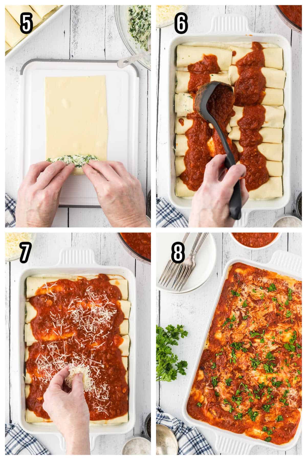 The second collage with steps five to eight for making the Spinach and Cheese Cannelloni recipe. 