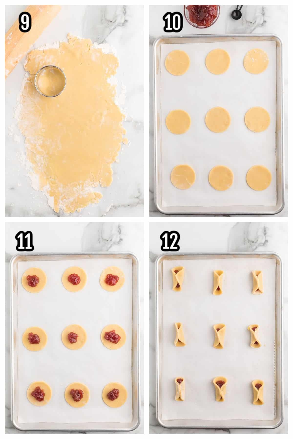 The third collage features steps 9 to 12 of forming the Italian Christmas Cookies named Pizzicati. 