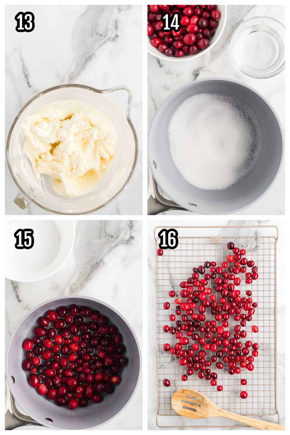 Fourth collage with steps thirteen to sixteen for the Holiday cranberry cake. 