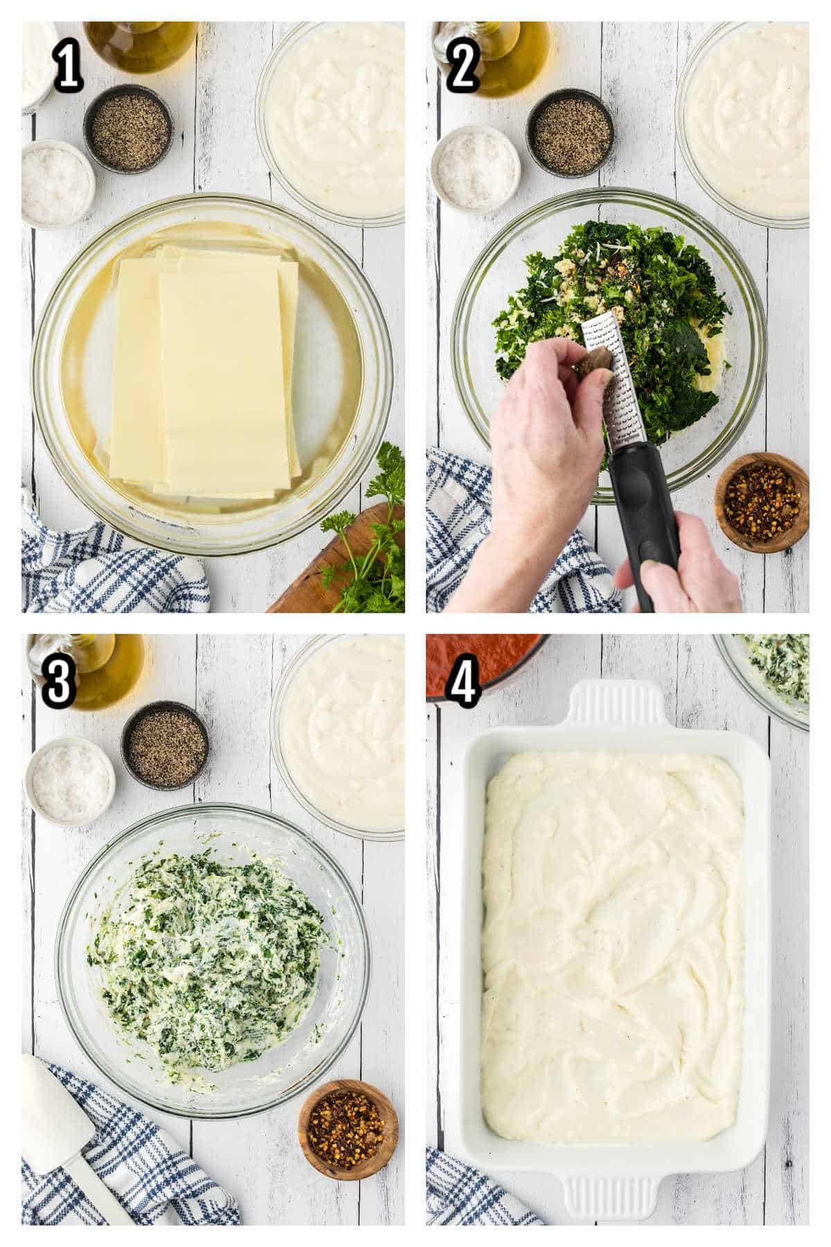Collage of the first four steps to making the quick  and easy Three Cheese Cannelloni recipe. 