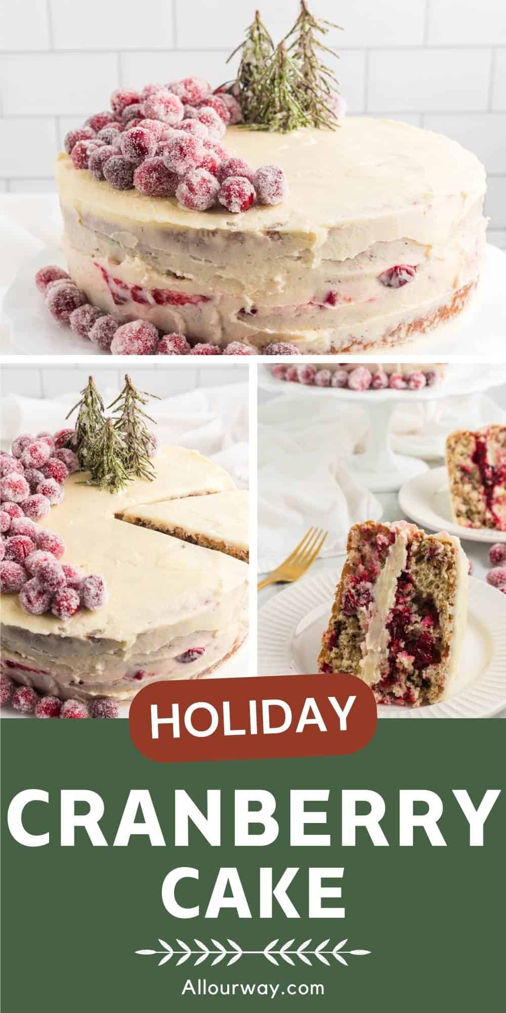 A Pinterest collage with a title overlay with three images for the Christmas Cranberry Cake With Mascarpone Frosting recipe.