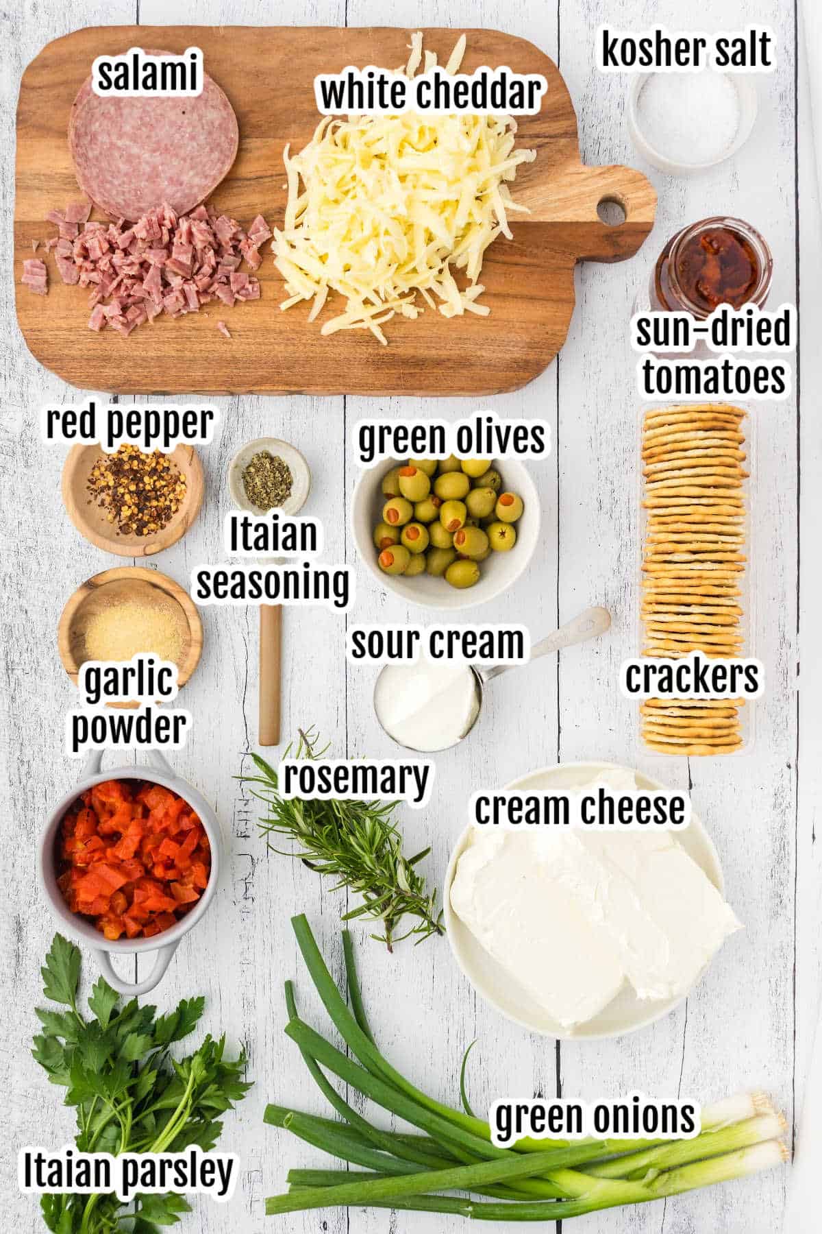 Image of the ingredients needed for the Italian Antipasto Cream Cheese Log Appetizer recipe. 