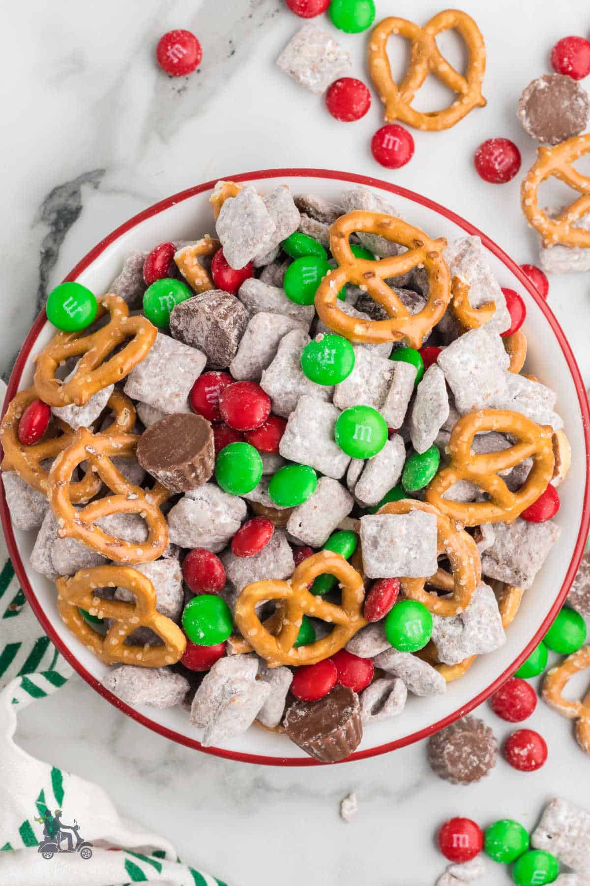 Christmas cereal snack mix like puppy chow only with M&M's, Reese's cups, and mini pretzels. 