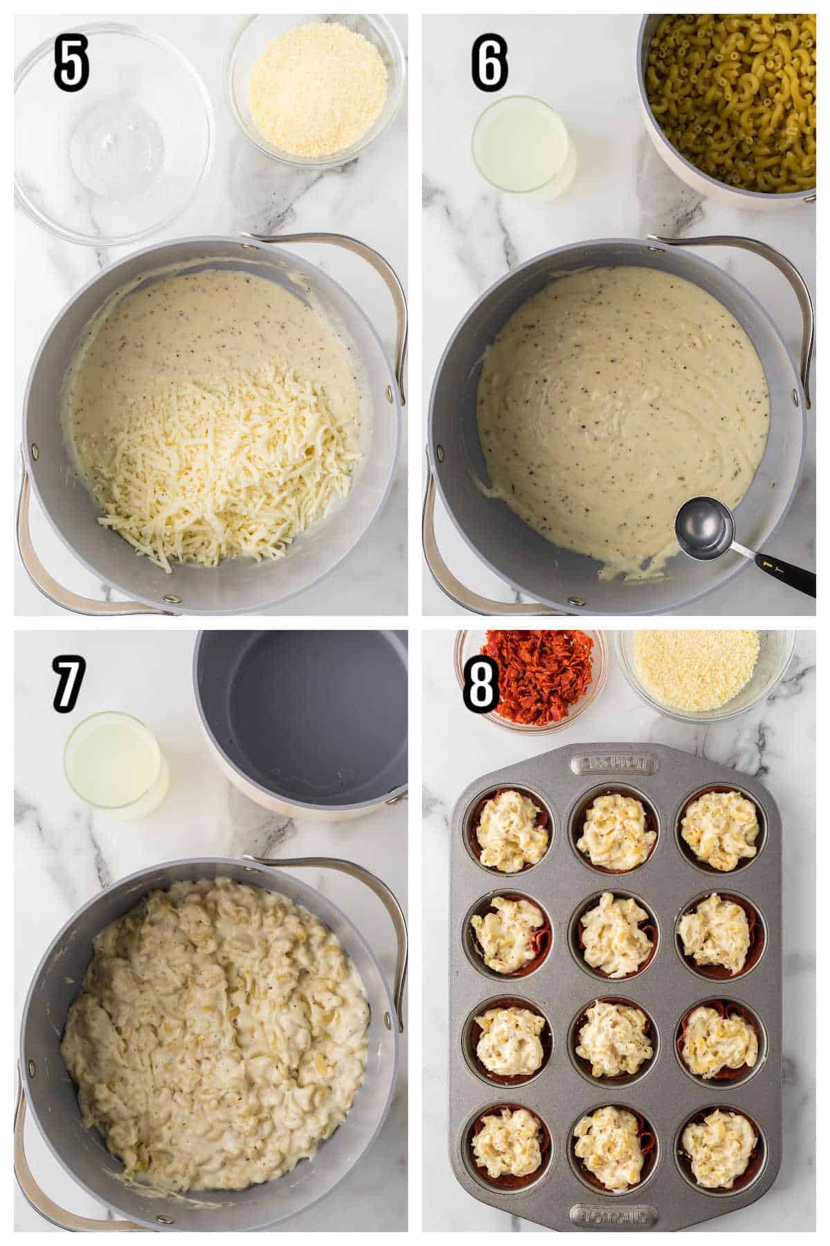 The collage features steps five to eight for making the snack appetizer with macaroni and cheese. 