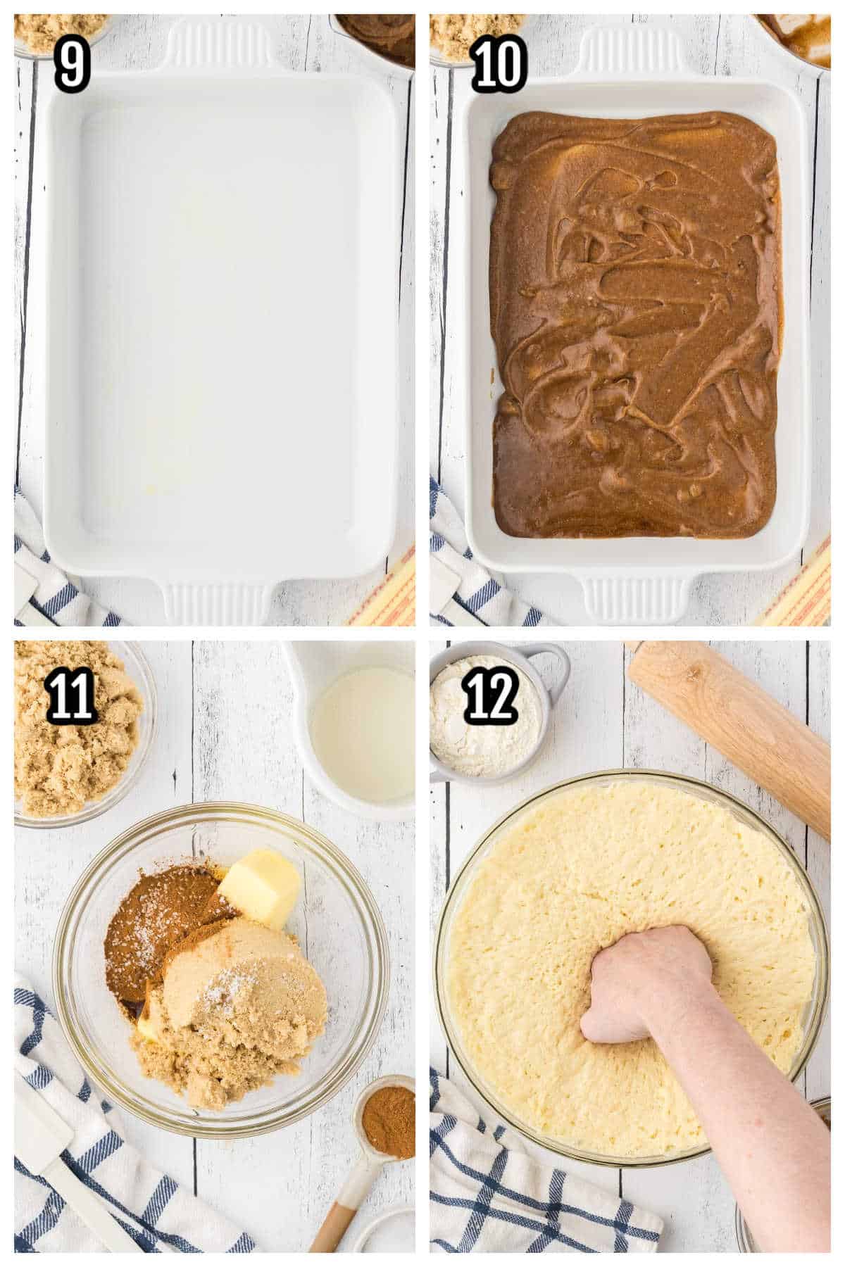 The third collage shows steps nine through twelve for making the cinnamon rolls. 