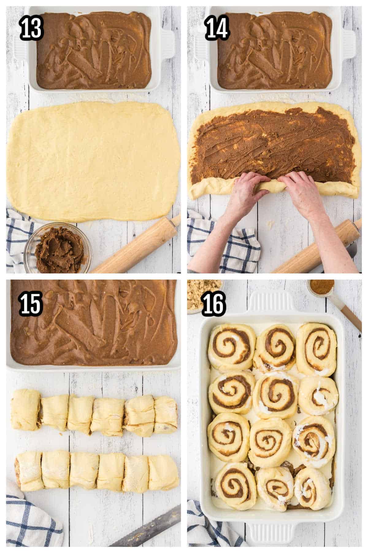The fourth collage shows steps to spread the filling and cut the rolls for the homemade cinnamon buns. 