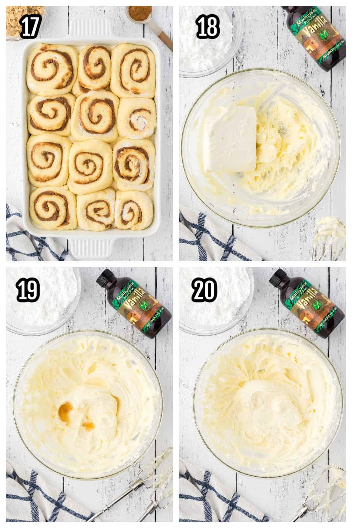 The fifth collage shows the roll's rise and how to assemble the frosting. 