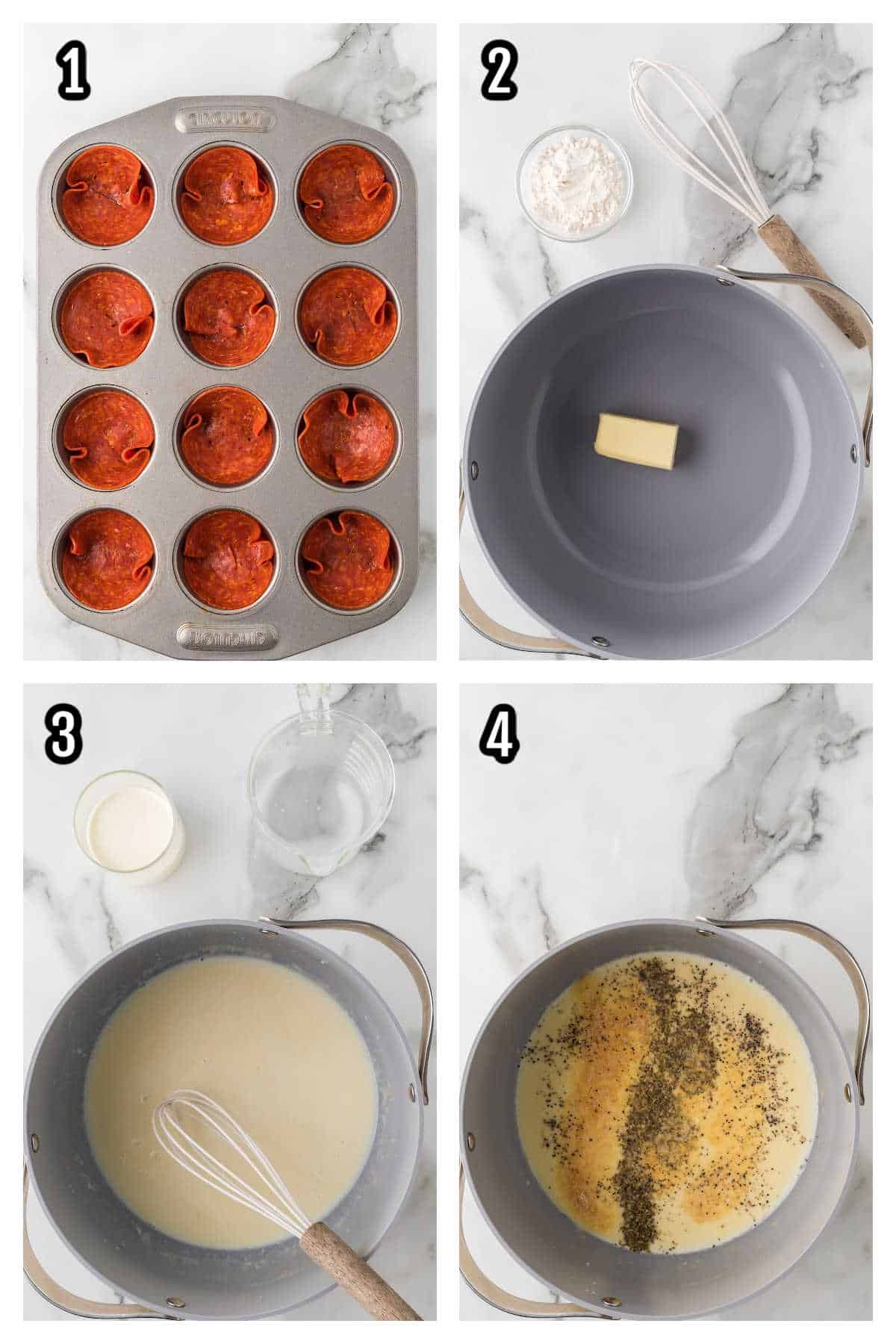 Collage features first four steps to making the pizza bite appetizer. 