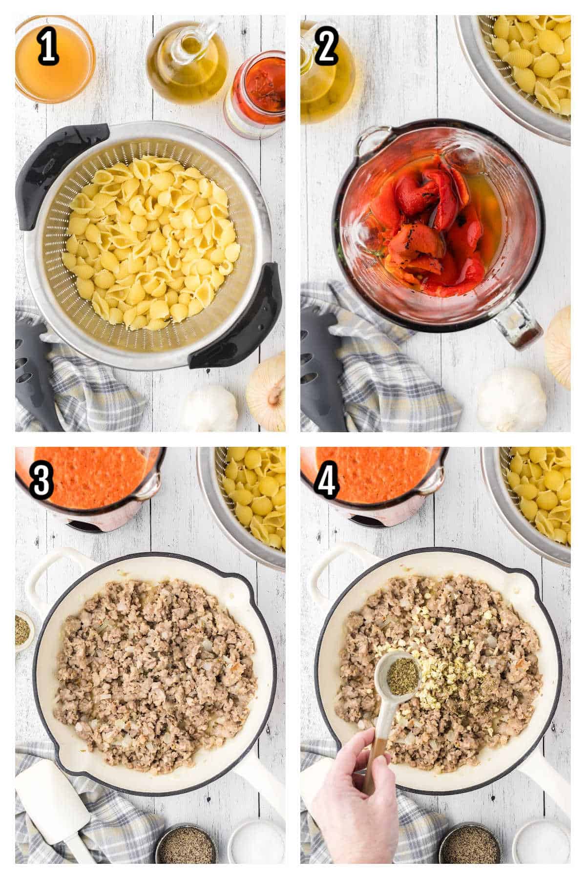 The first four steps to making the shell pasta recipe with roasted red pepper sauce. 