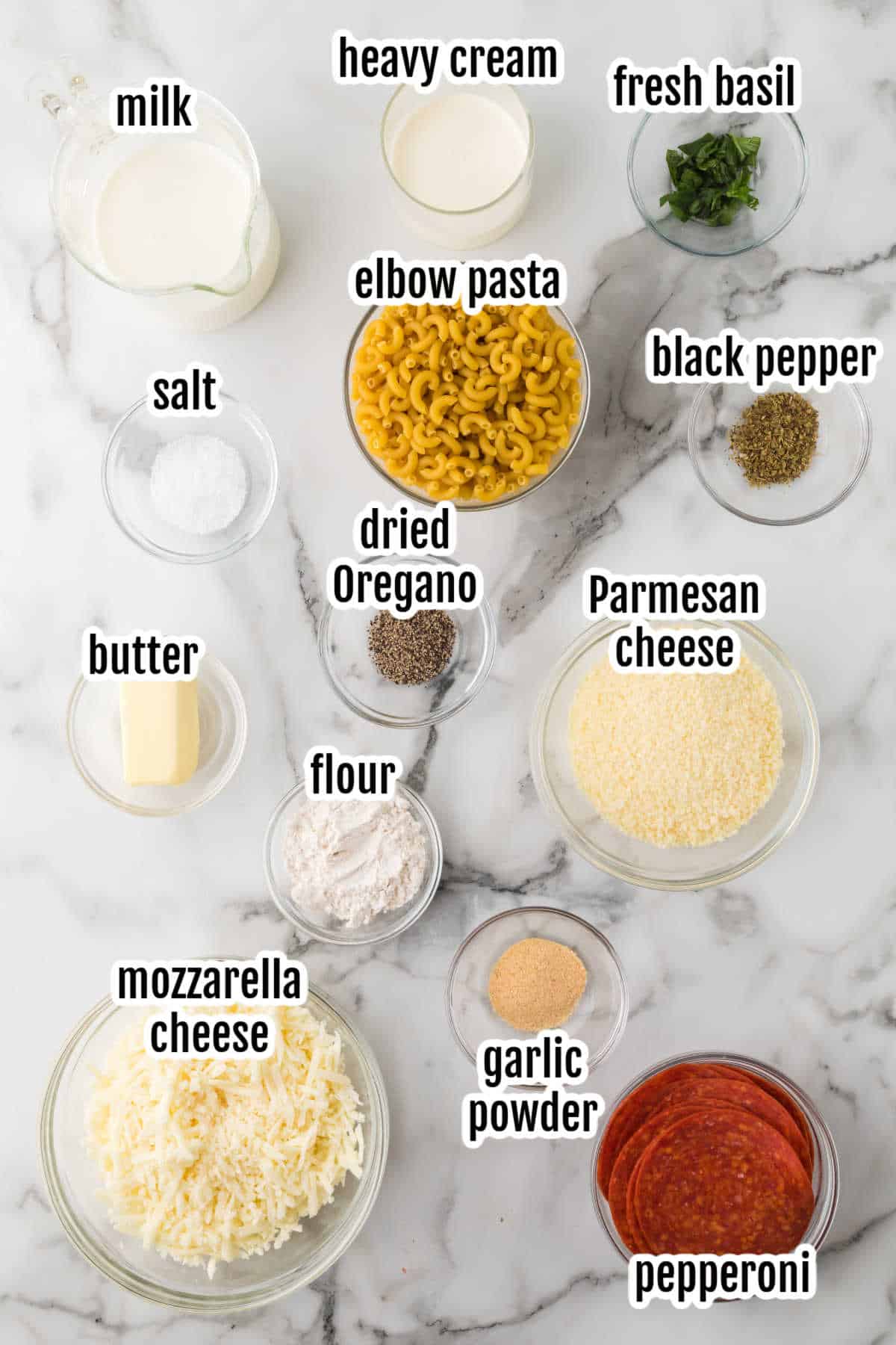 Image of the ingredients needed to make the pizza bites appetizer. 