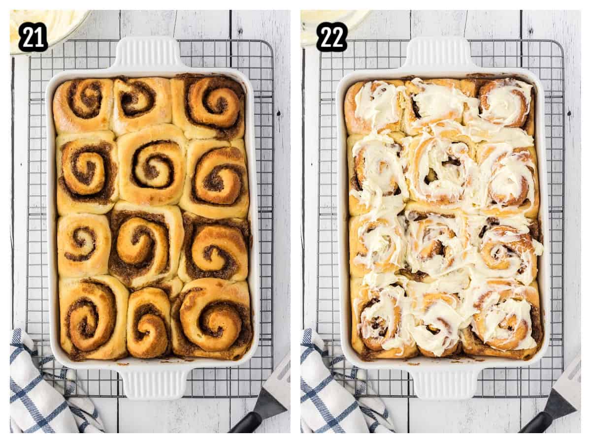 The sixth and final collage shows the baked rolls out of the oven and then iced with the cream cheese frosting. 