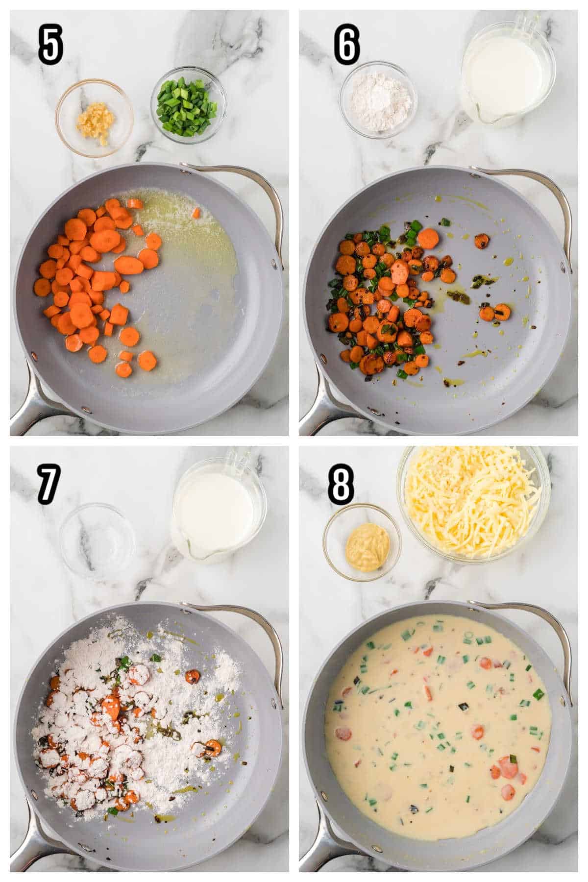 Collage of steps five through eight to making the fish pie inspired by the Irish Cottage pie. 
