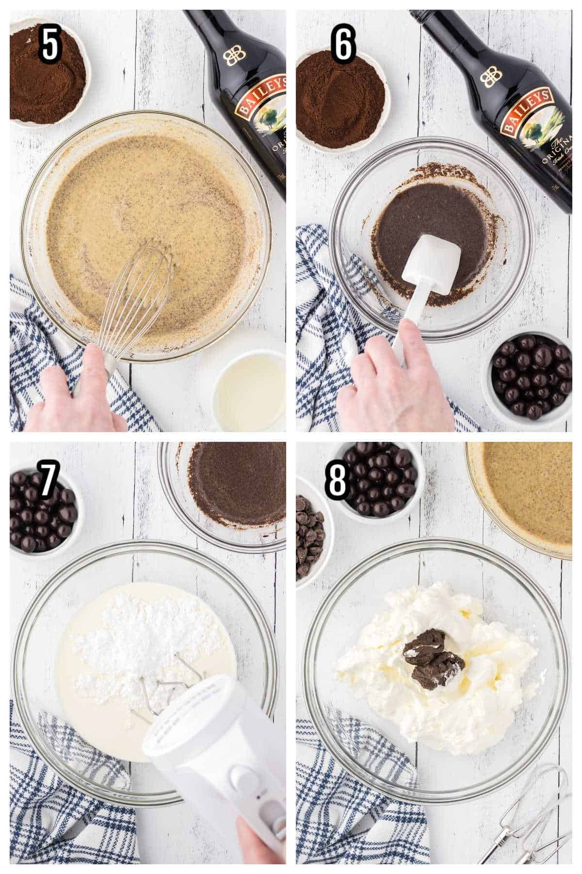 Collage of steps five to eight for making the topping and filling for the chocolate Irish Cream poke cake. 