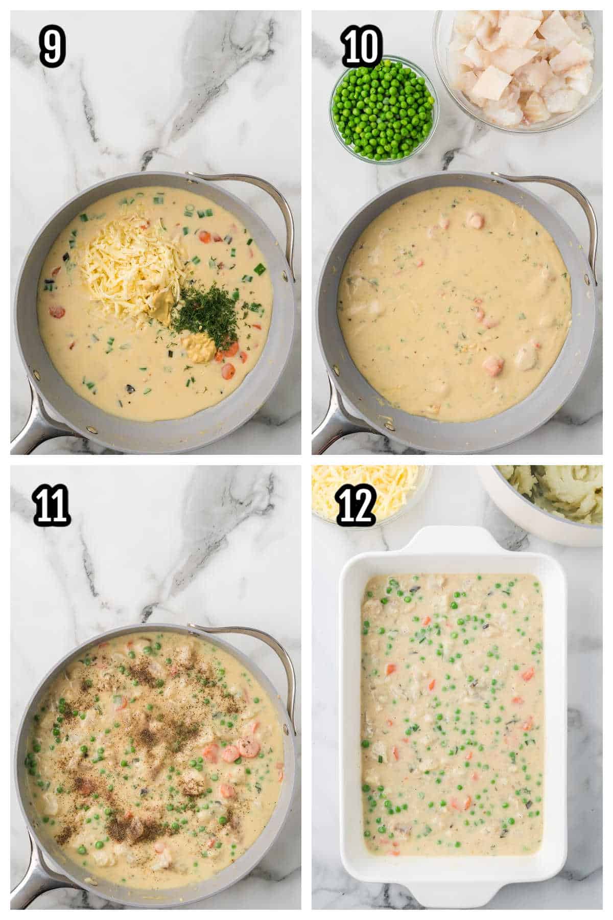 Collage of steps nine through twelve on how to make a fisherman's pie like the British cottage pie. 