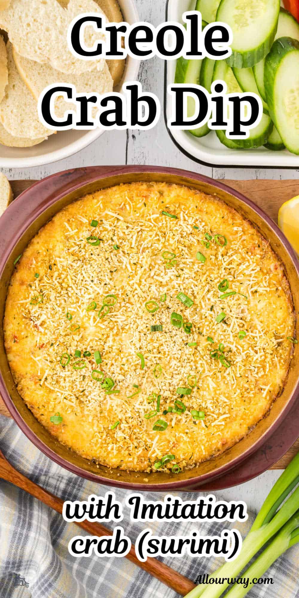 A Pinterest image with a title overlay for Creole Crab Dip made with Imitation Crab meat (surimi).