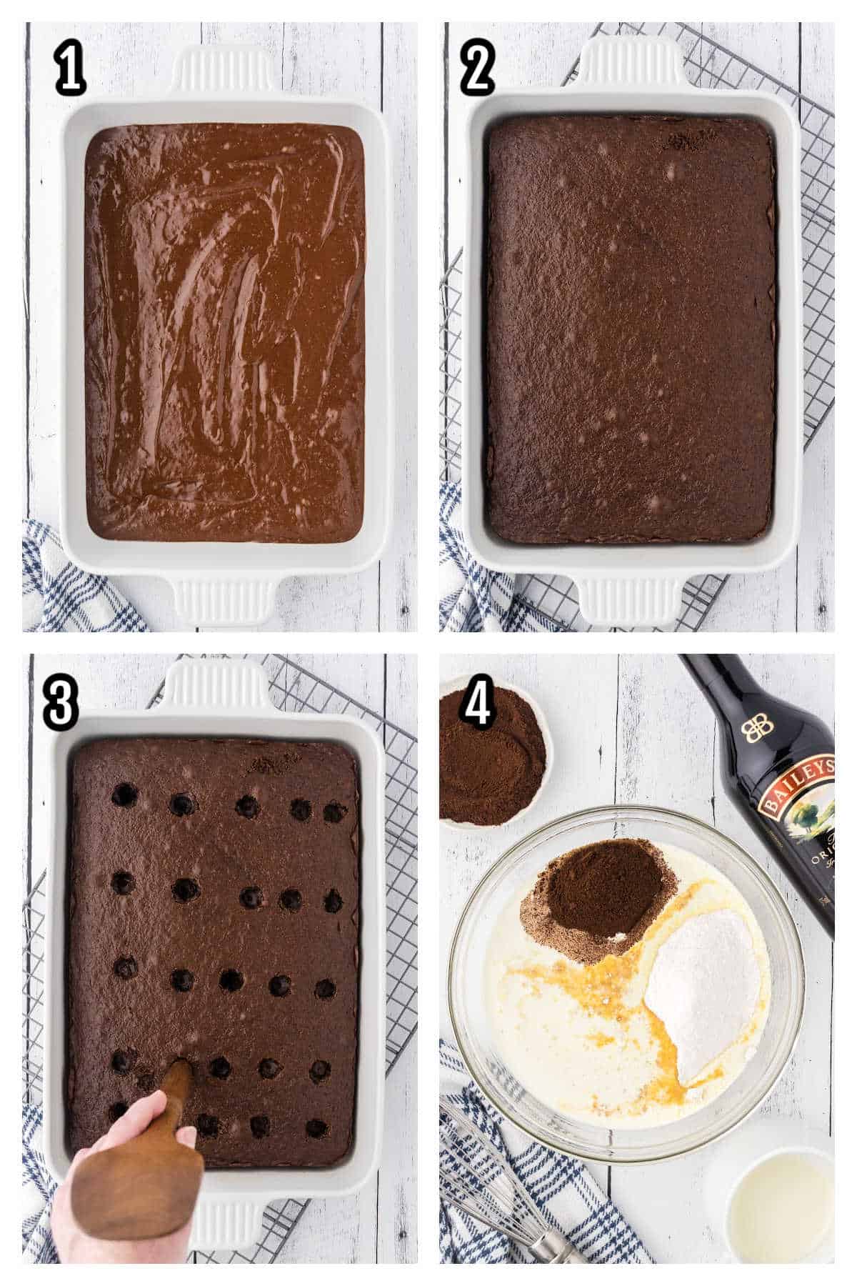 Collage of the first four steps to making the chocolate cake for Baileys Irish Cream poke cake.  