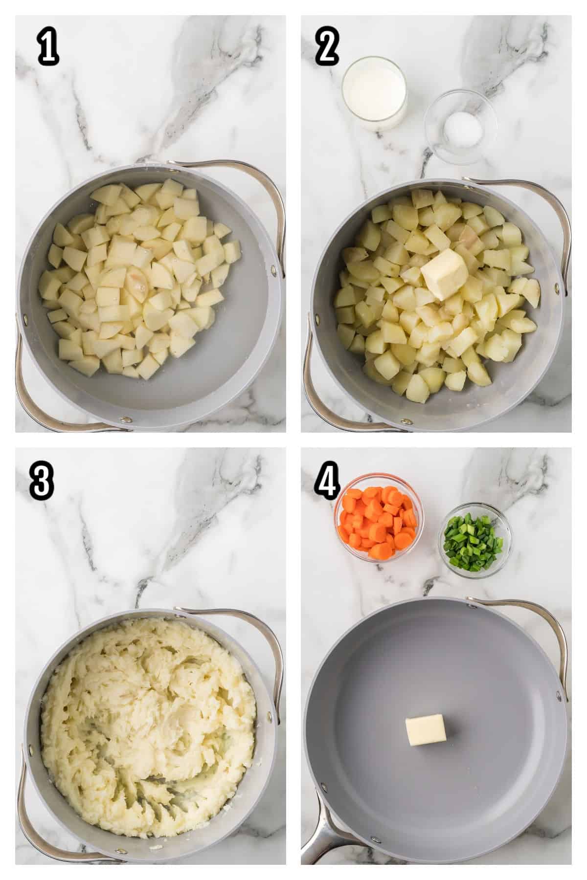 Collage of the first four steps to preparing the seafood casserole. 