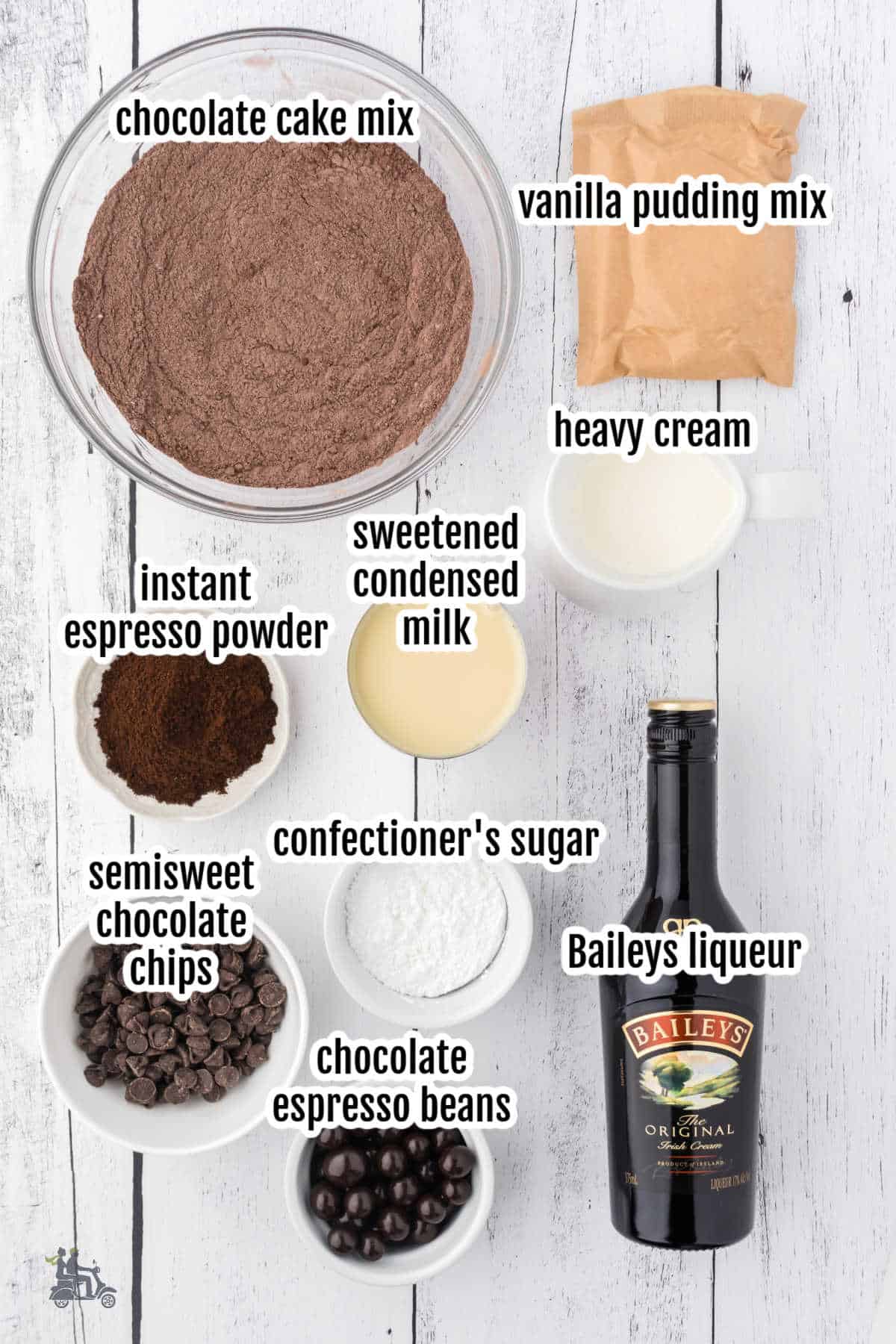 Image of the ingredients needed to make the chocolate poke cake flavored with espresso and Baileys Irish Cream. 