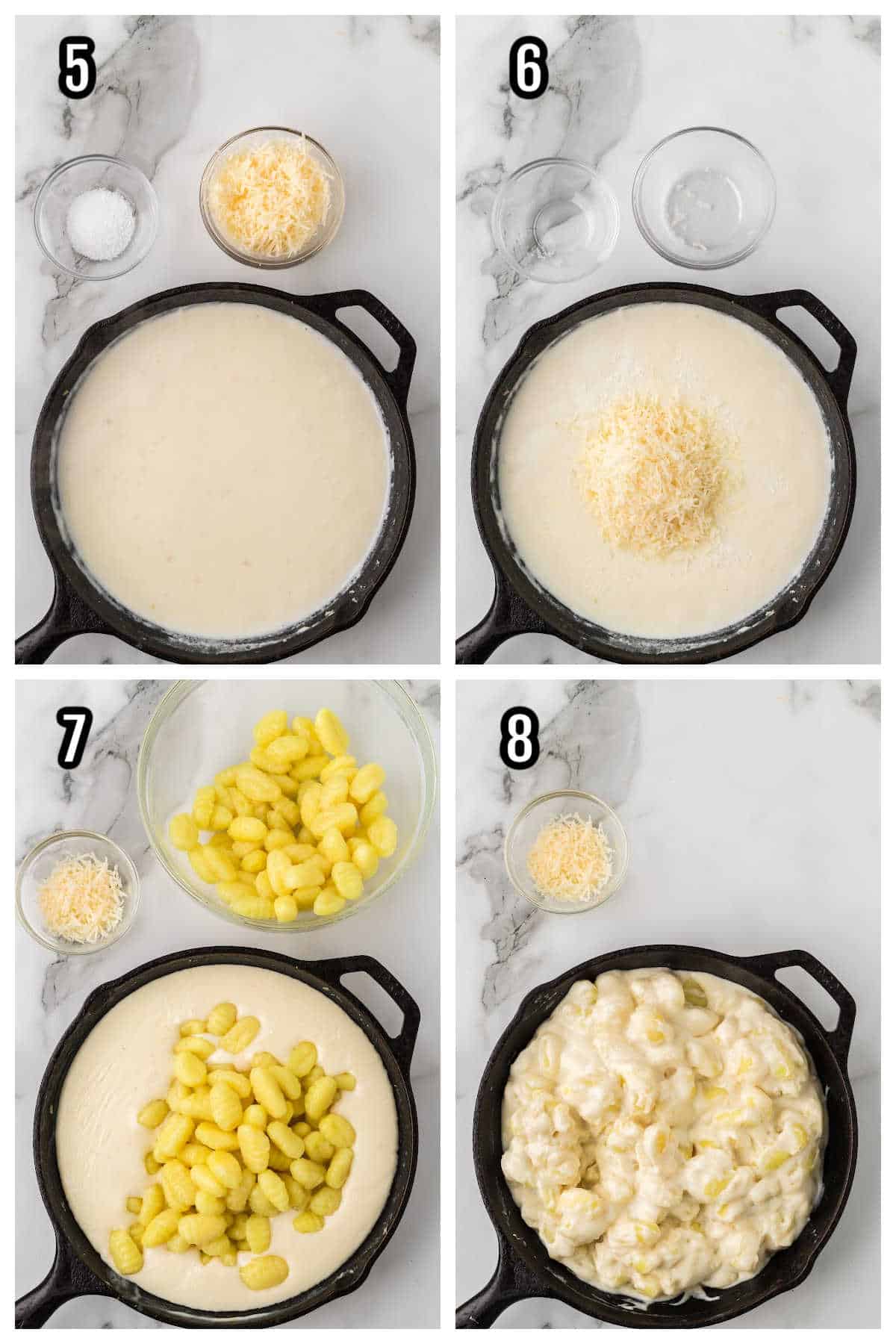 The second collage features steps five through eight of the potato gnocchi recipe baked in a Parmesan sauce. 