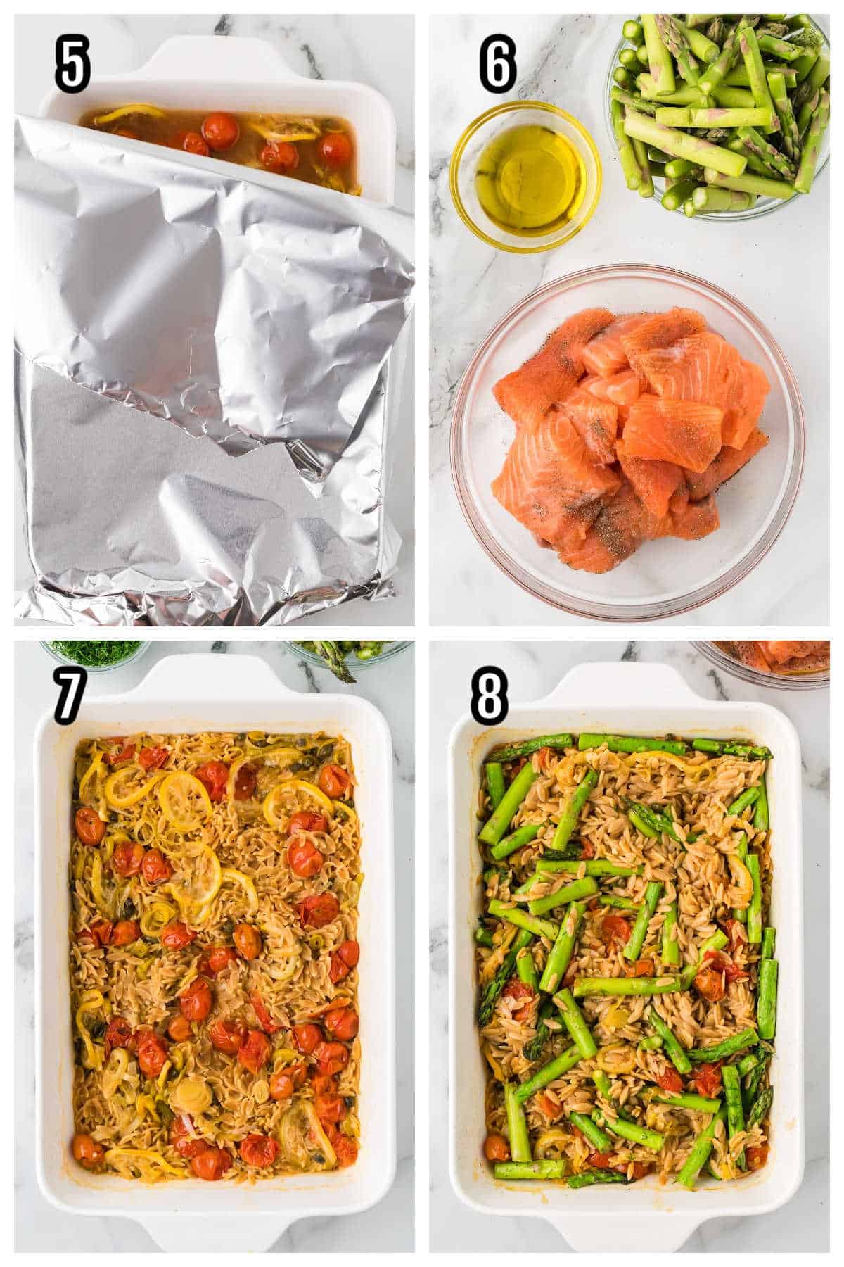 Collage of steps five through eight for making the baked salmon with orzo pasta dinner. 