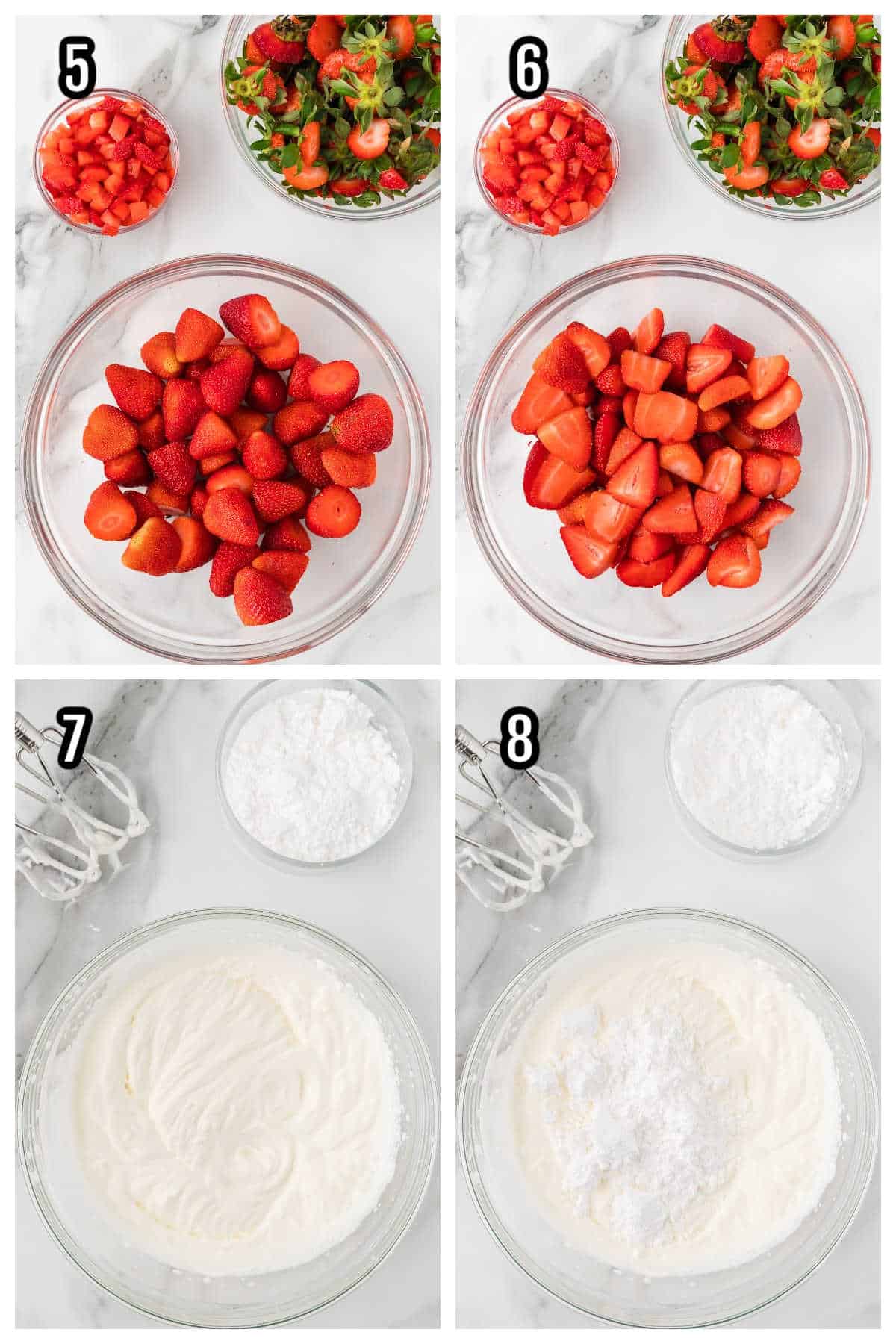 Collage with steps five through eight for making the Strawberry no-bake dessert. 