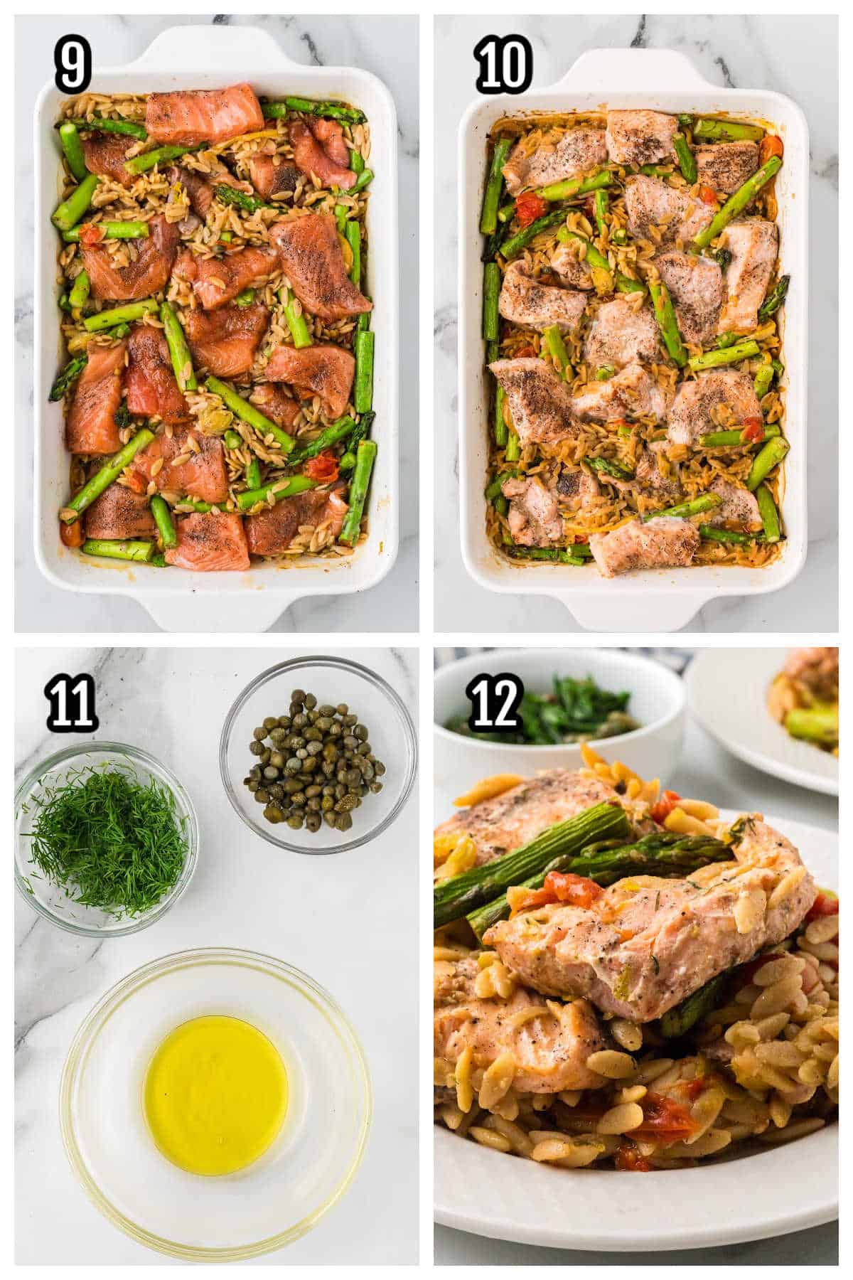 The third and final collage shows steps nine through twelve for making the baked salmon recipe with lemon and orzo pasta. 