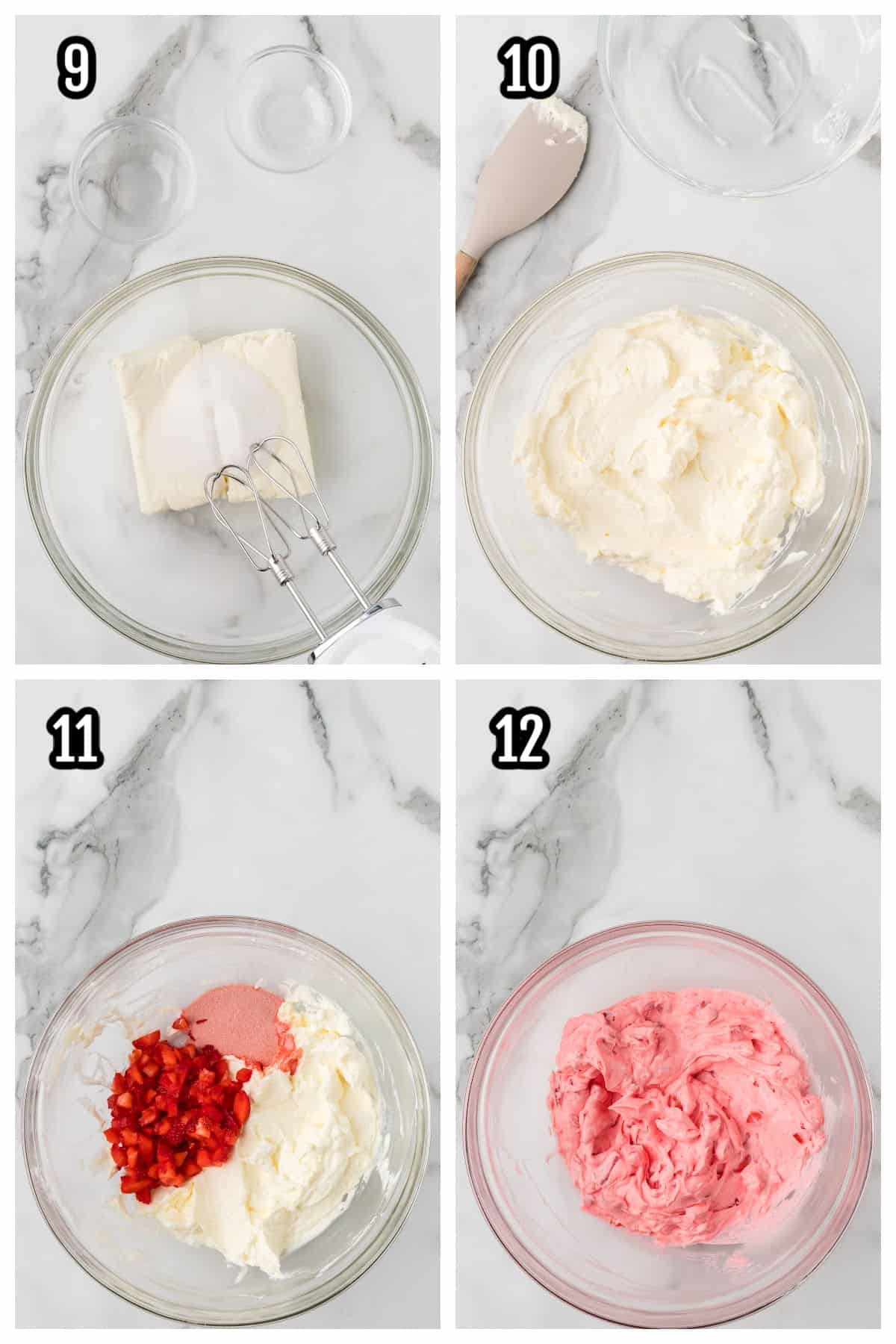 Third collage with steps nine through twelve for preparing the strawberry whipped cream cheese dessert. 