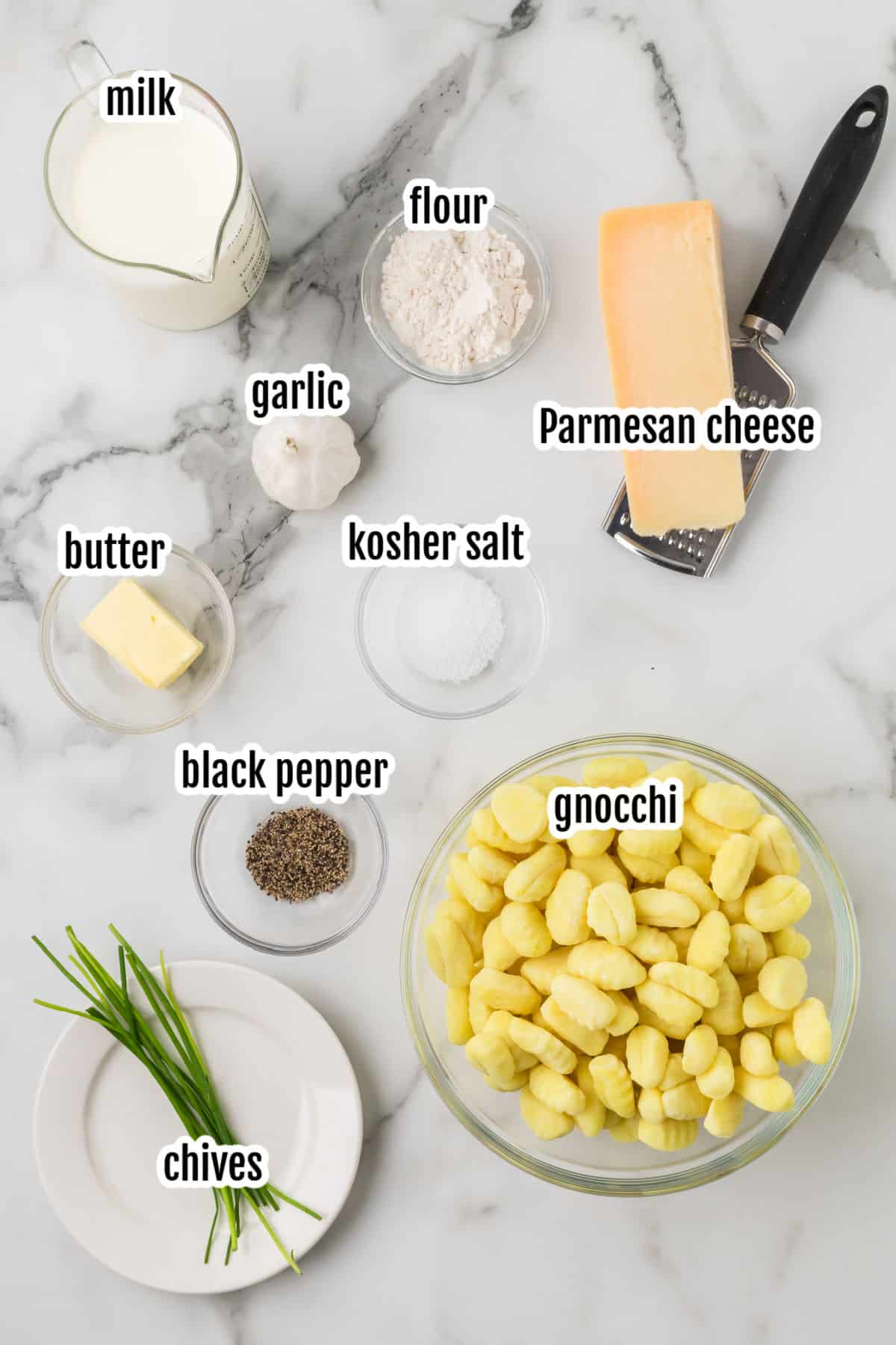 Image of the ingredients needed to make the baked potato gnocchi recipe. 