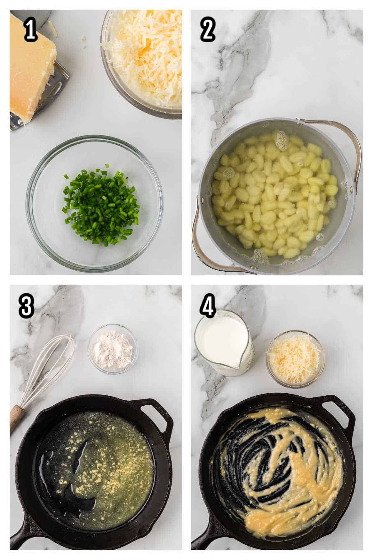 A collage featuring the first four steps to making the baked gnocchi recipe. 