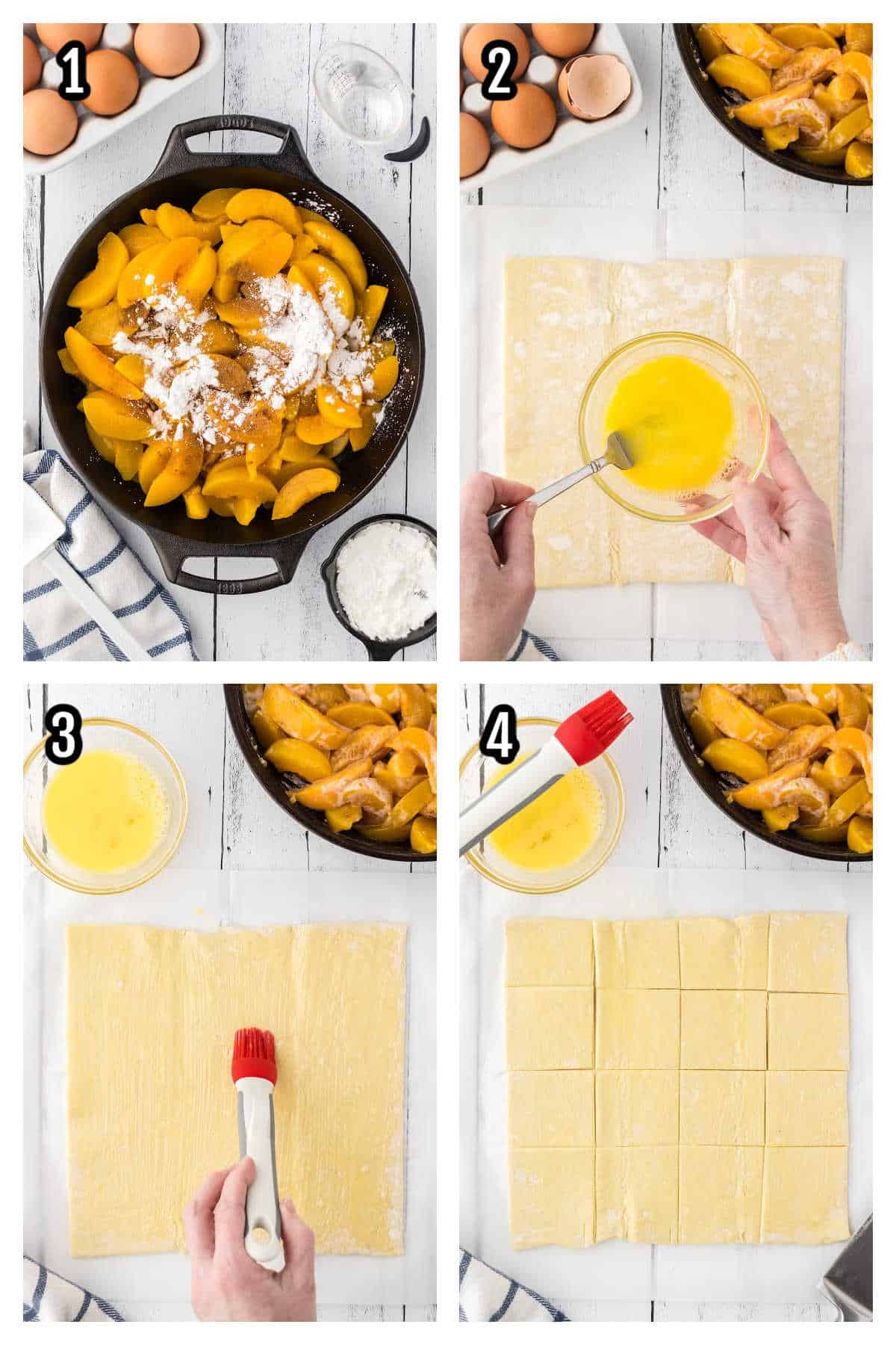 Collage of the first four steps to making the Puff Pastry Peach cobbler.