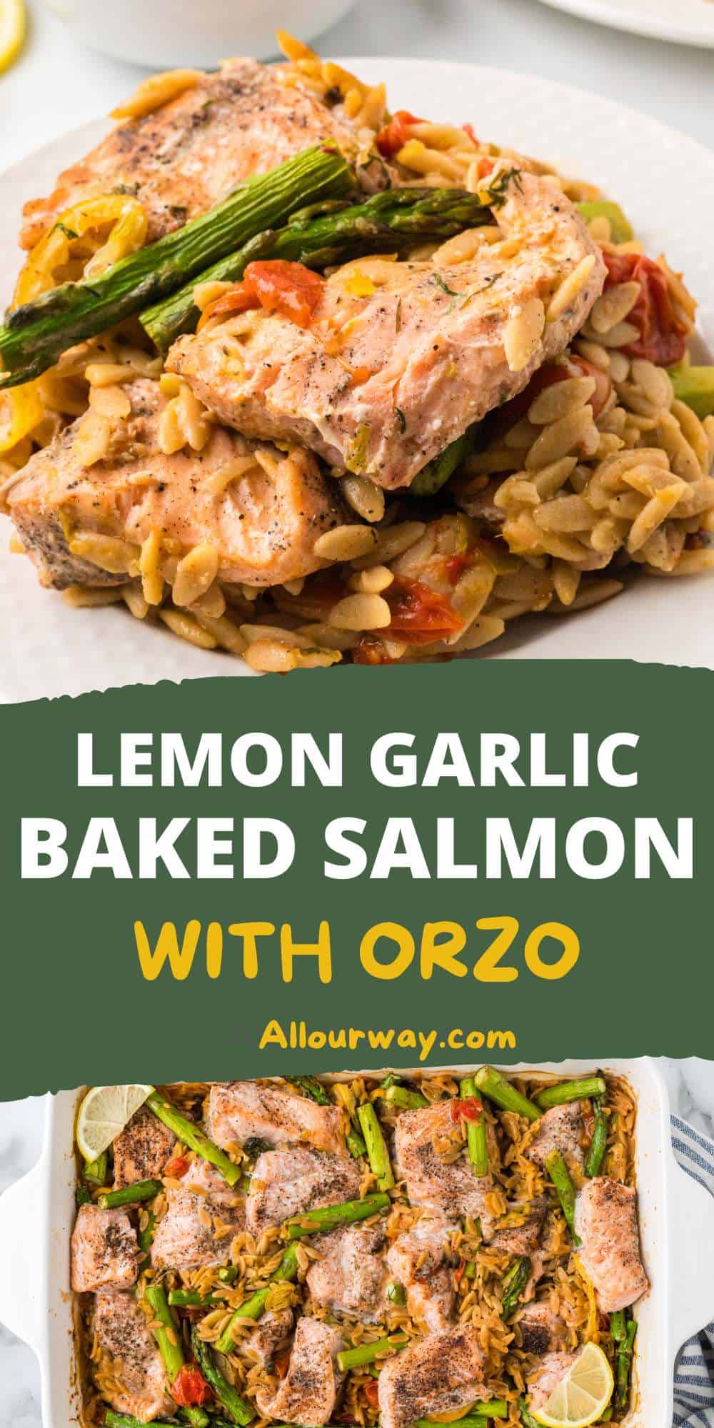 This Oven-Baked Salmon Recipe features tender and flaky salmon seasoned with zesty lemon and aromatic garlic, perfectly baked to juicy perfection. The salmon is paired with savory orzo pasta tossed in a flavorful herb dressing and a medley of crisp spring vegetables for a dish that screams freshness and flavor.