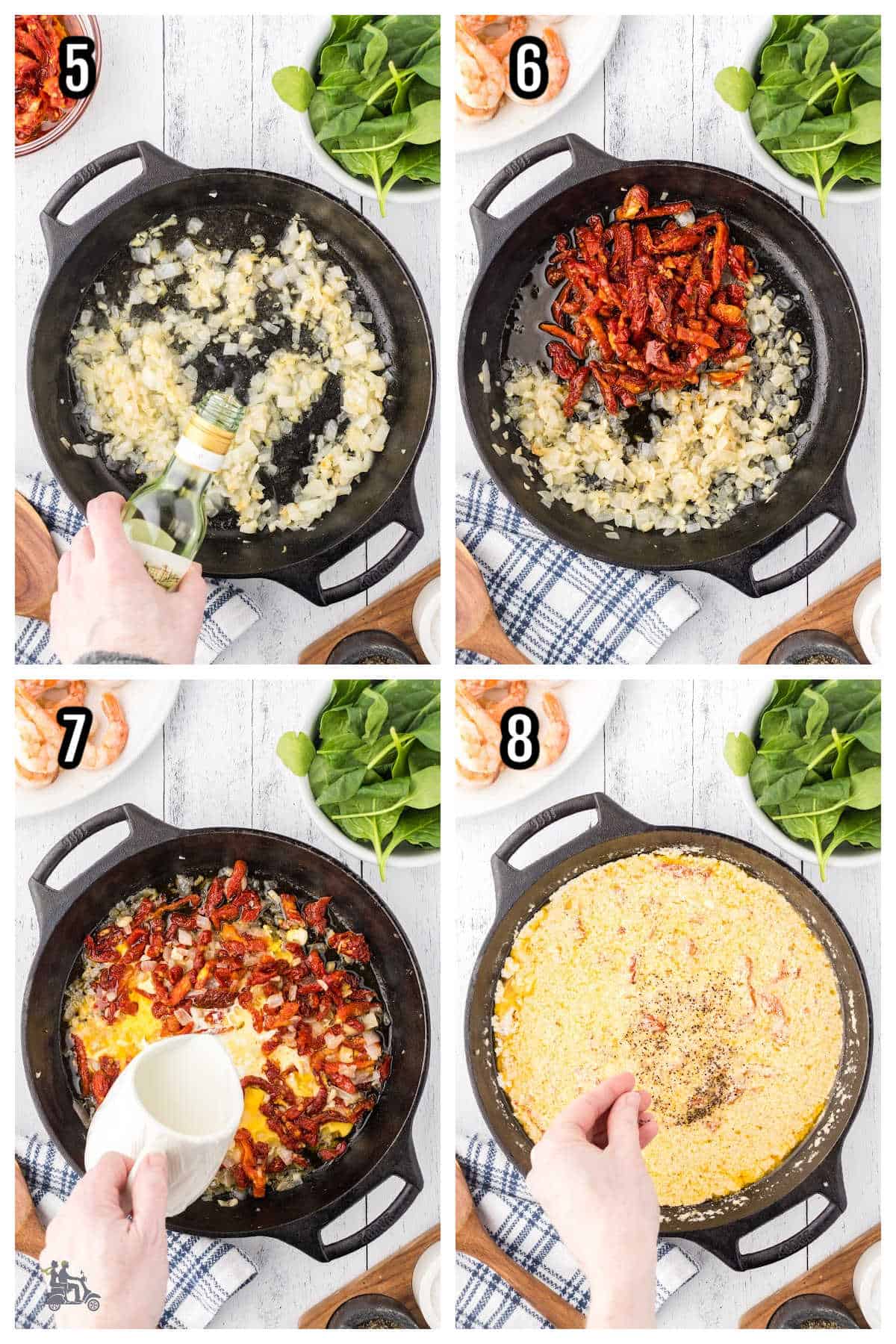 Collage with steps five through eight to make Tuscan-style shrimp in a black iron skillet. 