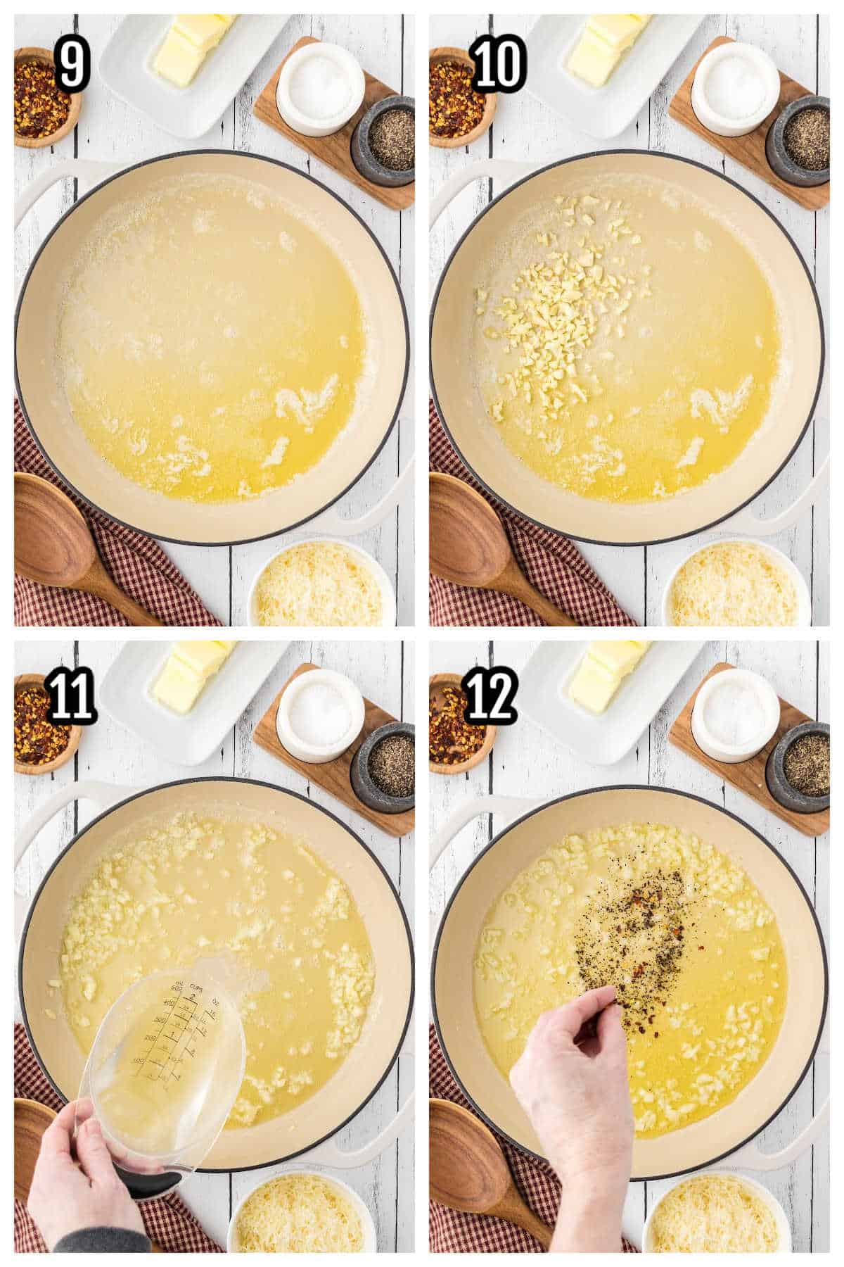 The third collage features the steps to making the butter garlic sauce. 
