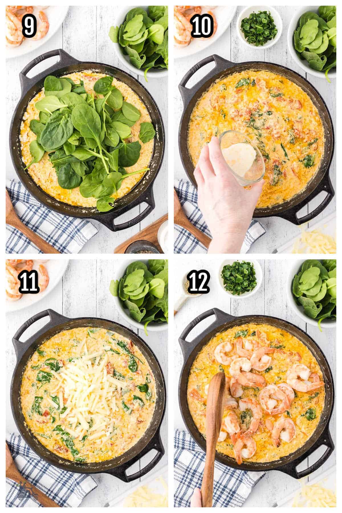 The third collage steps nine through twelve, is used to make the One-Pan skillet in Tuscan Style. 