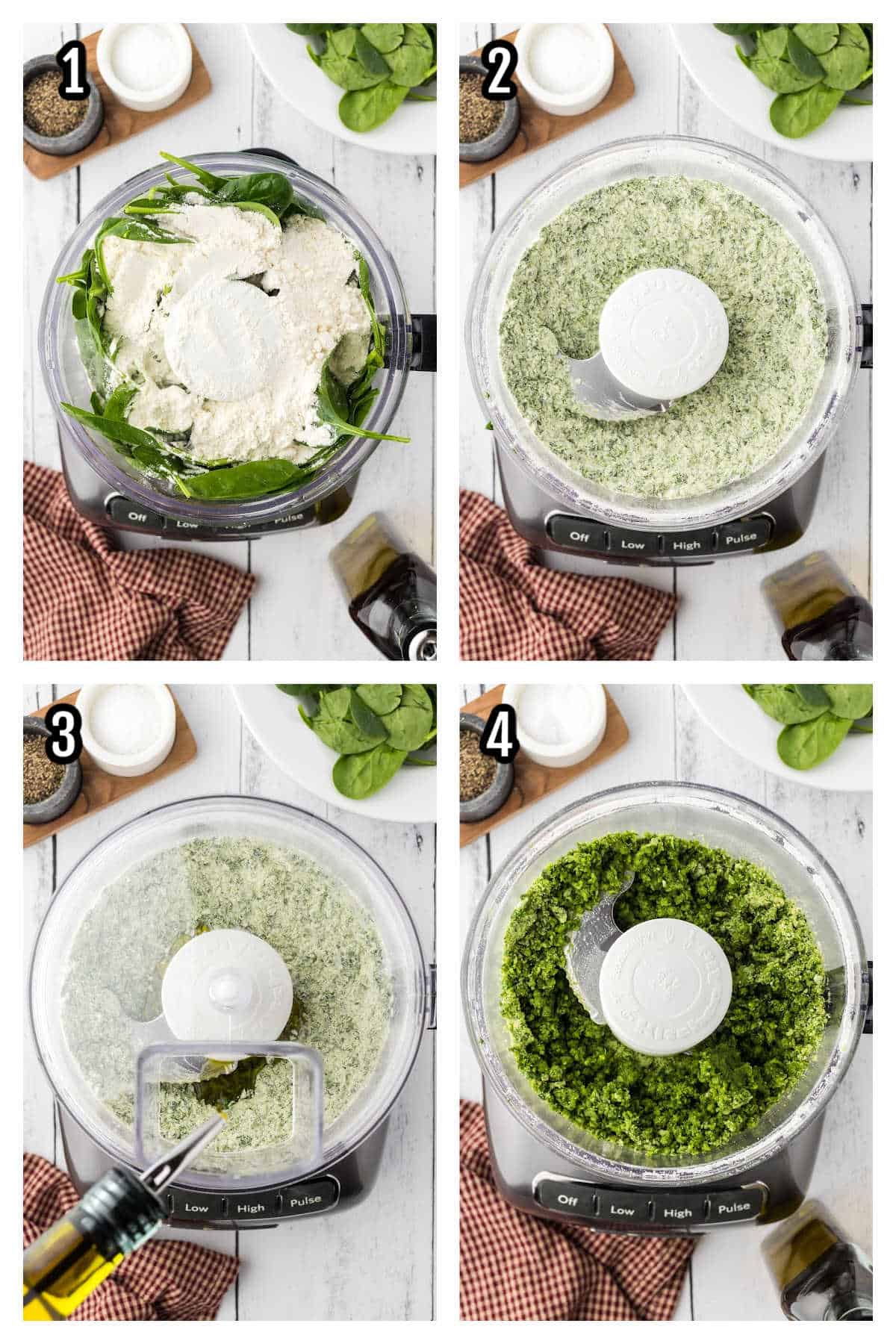 The first collage features the beginning steps of making the spinach pici. 