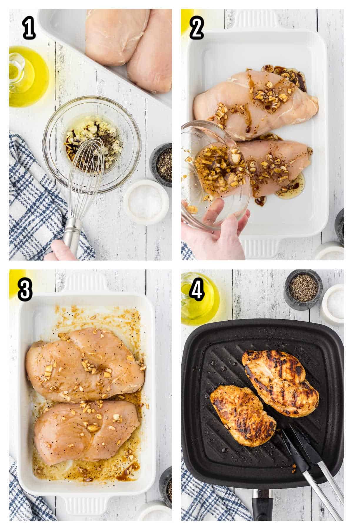 The collage features the first four steps to making the lettuce strawberry salad, showing the chicken's marinating and grilling. 