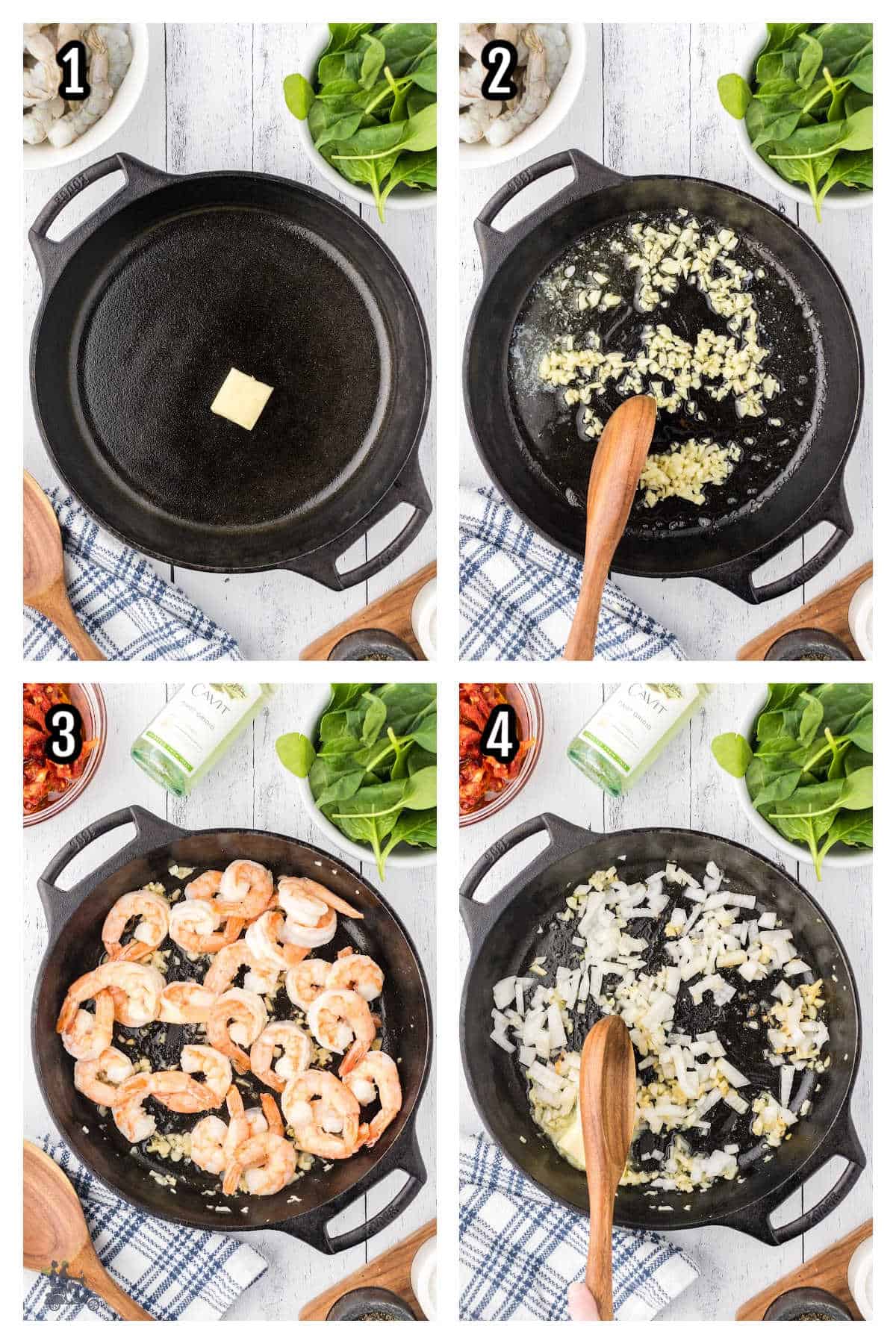 Collage with the first four steps for making the shrimp recipe Tuscan style. 