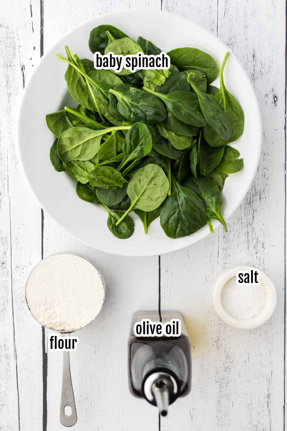 Image of the ingredients needed for the pici pasta made with spinach. 