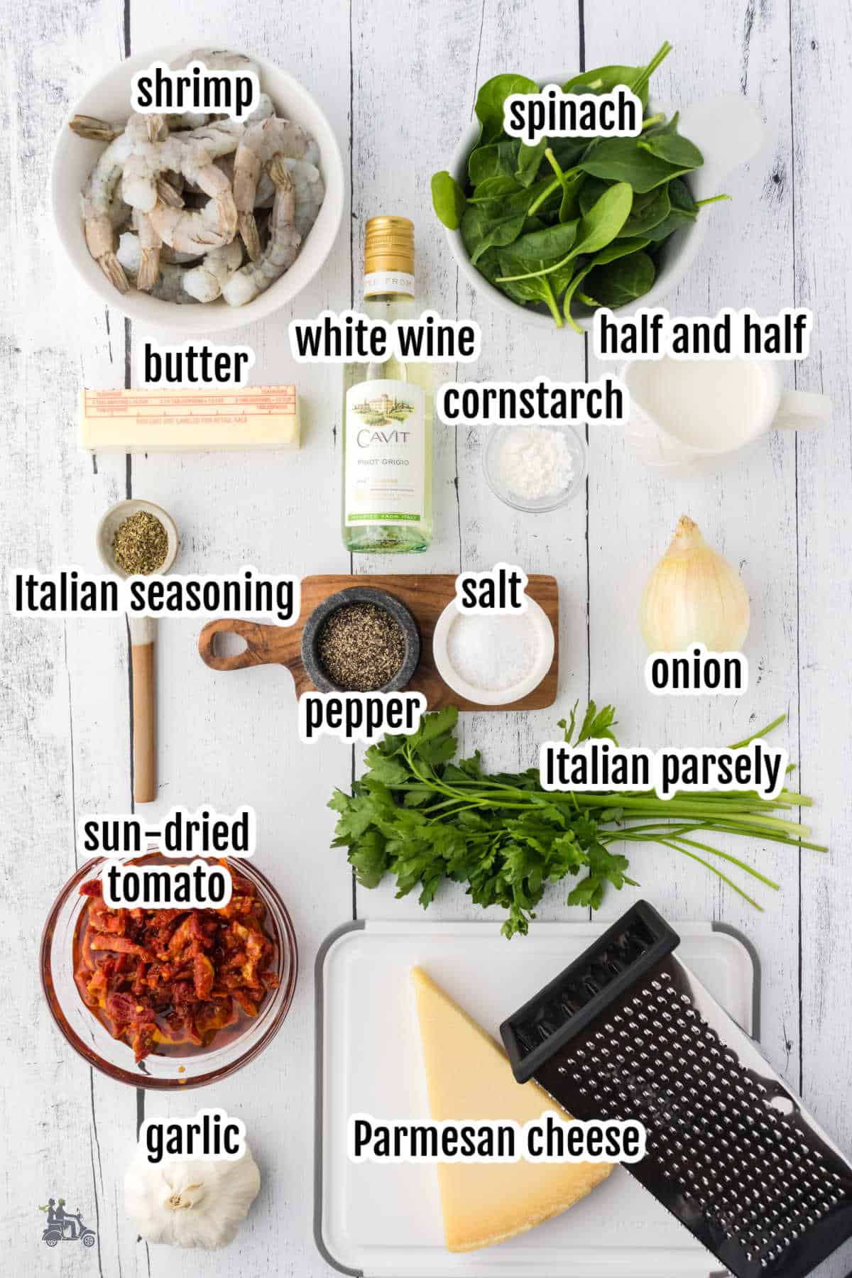 Image of  the ingredients needed to make the Creamy Tuscan Shrimp Recipe. 