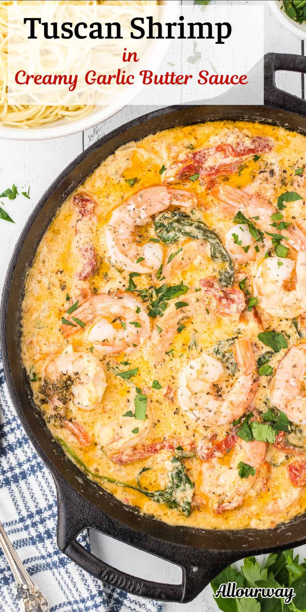 Mouthwatering Tuscan Shrimp in Creamy Garlic Sauce is a recipe for the seafood lover who wants to be transported to the heart of Tuscany. Every blissful bite of this Tuscan shrimp dream is a delightful combination of creamy garlic butter sauce, spinach, sun-dried tomatoes, and perfectly cooked spaghetti.