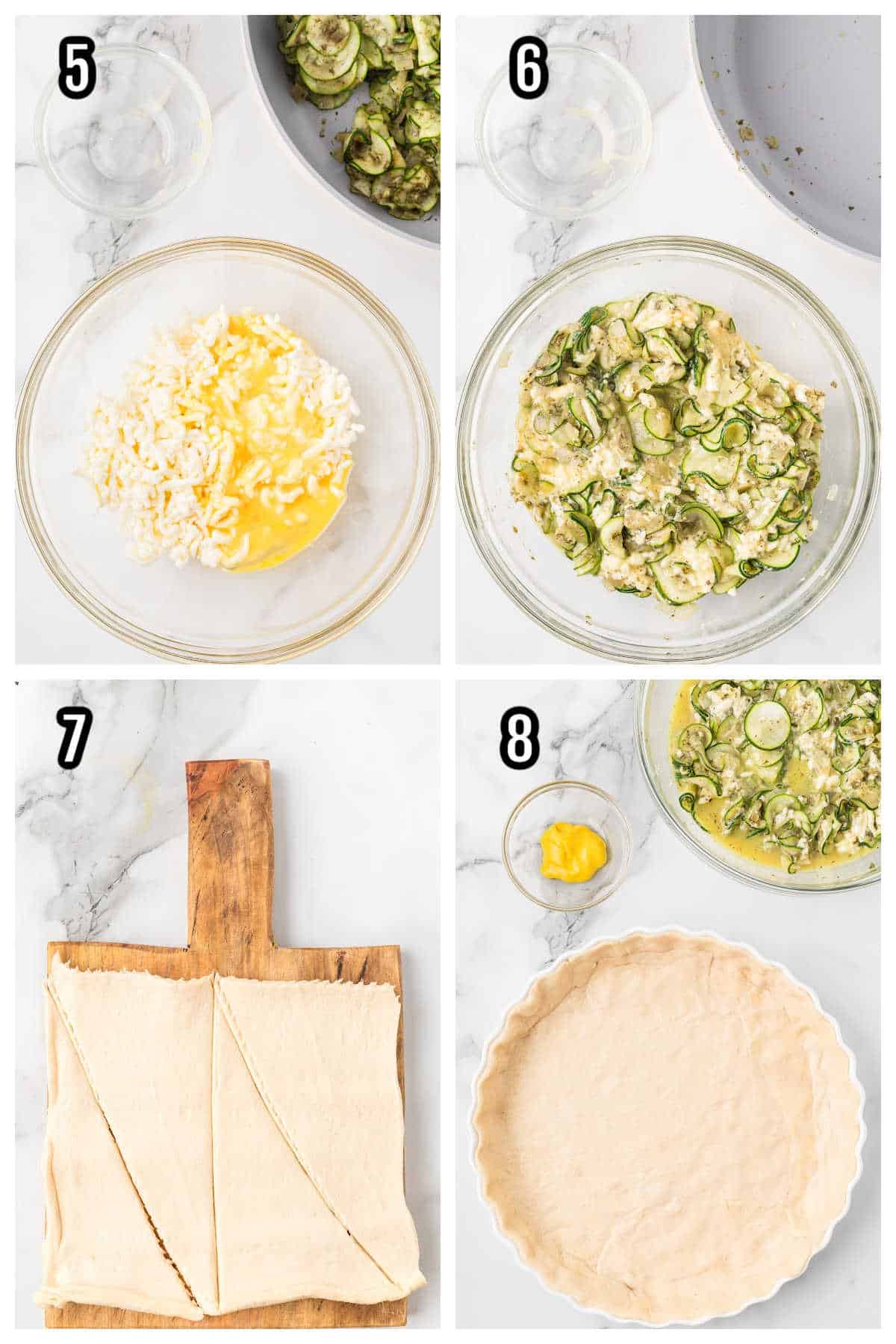 The second collage represents steps five through eight for the quiche made with zucchini recipe. 