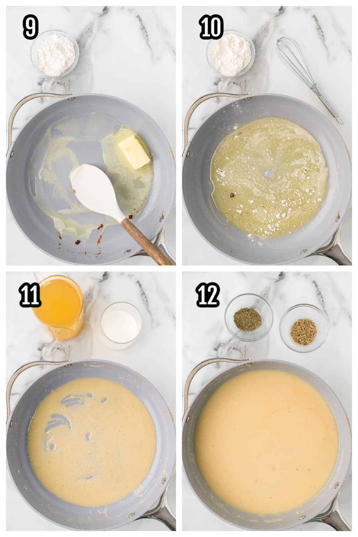 The third collage shows steps nine through twelve for the Southern Chicken in Gravy recipe. 
