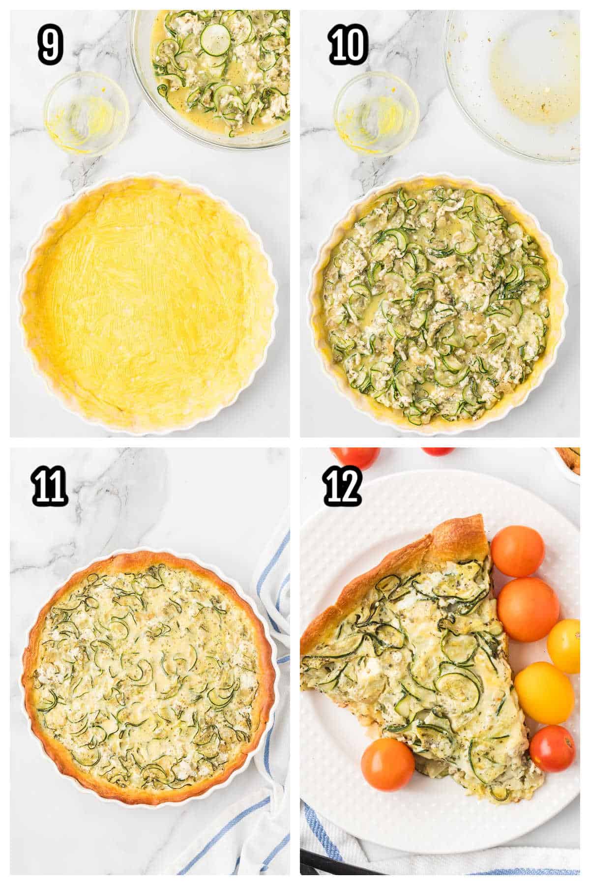 A collage with steps nine through twelve for the zucchini crescent pie recipe. 