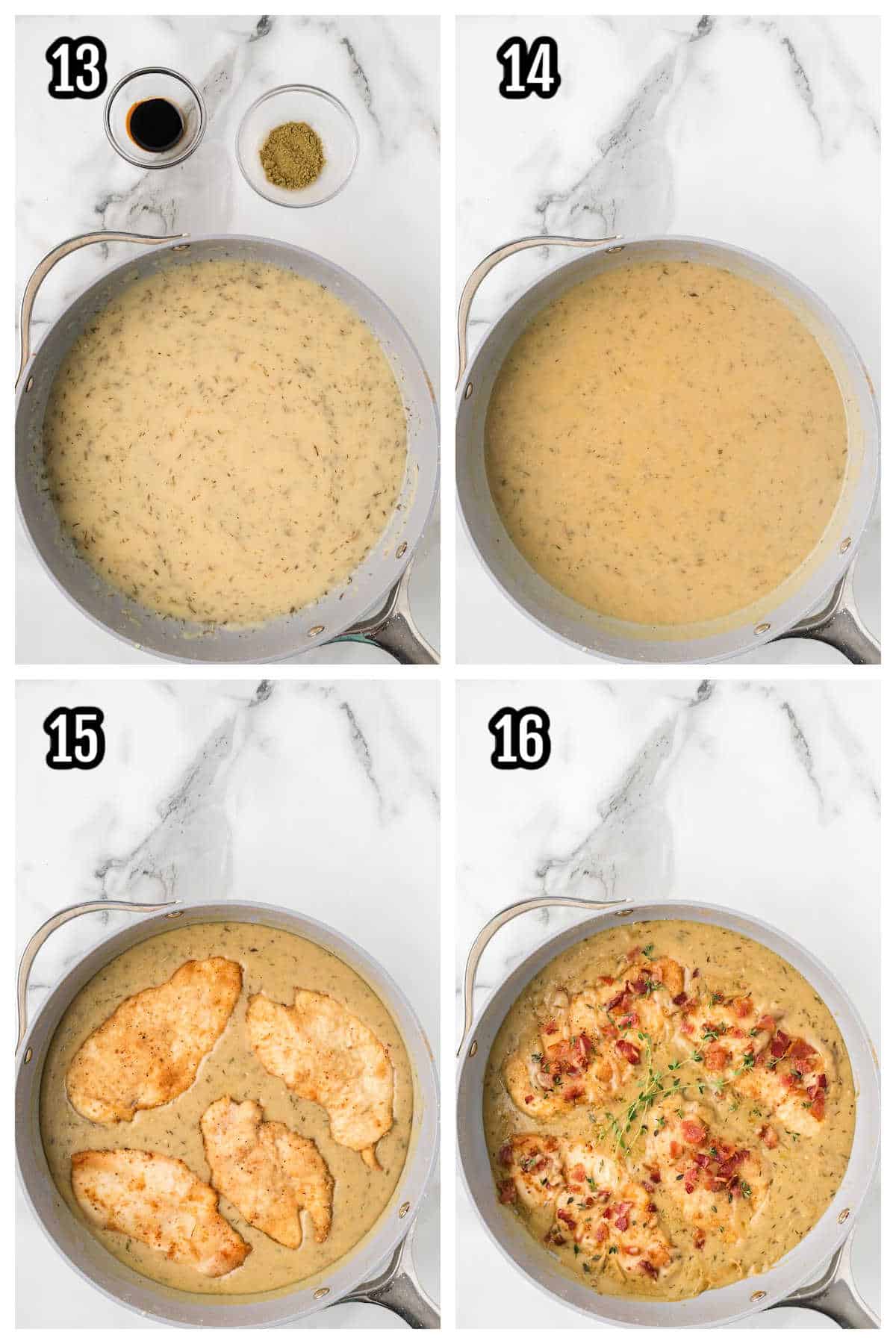 The fourth and final collage shows the steps to finish the chicken in the gravy recipe. 