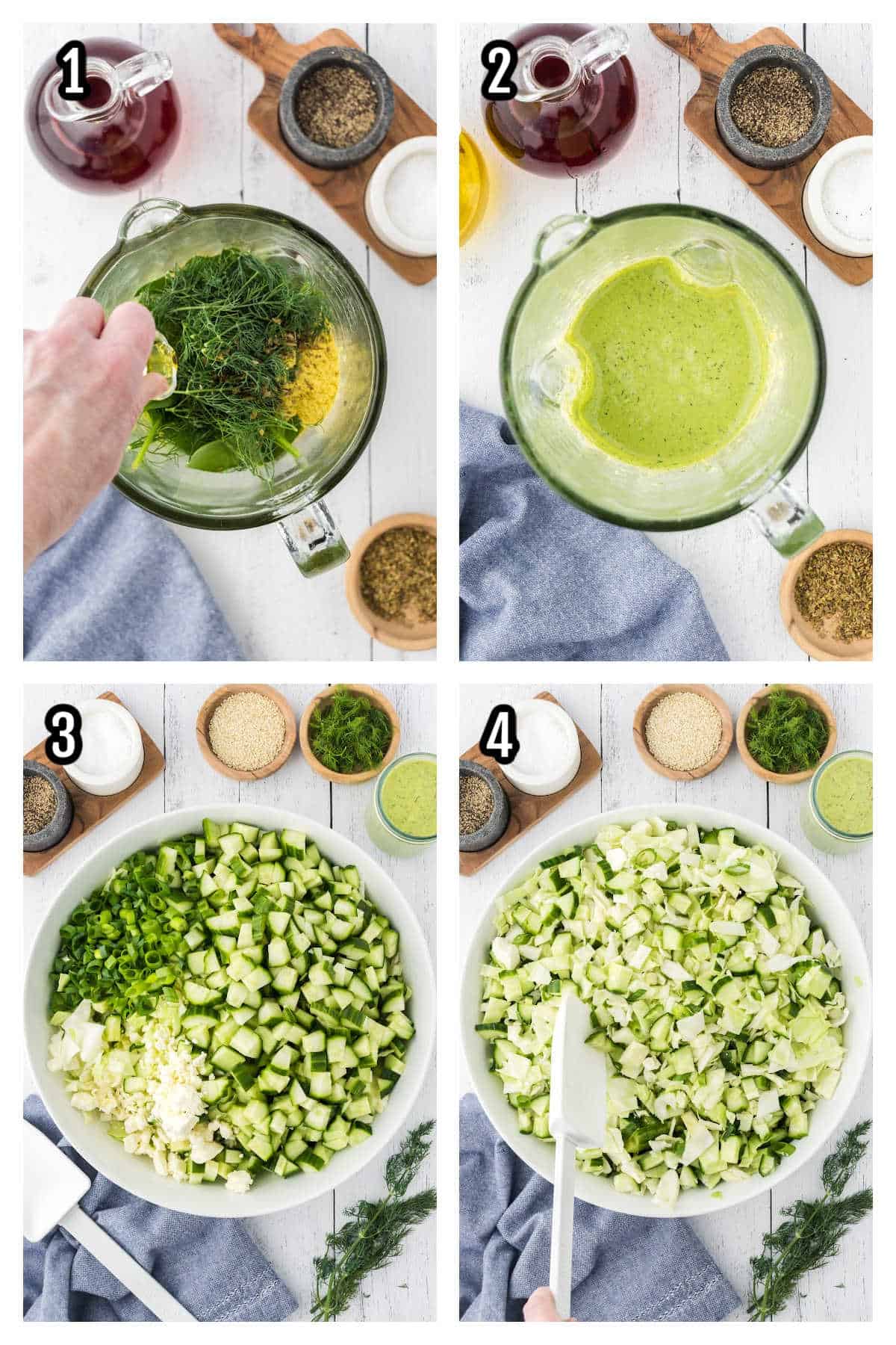 A collage of the first four steps for making the Green Goddess dressing and the start of assembling the cabbage salad. 