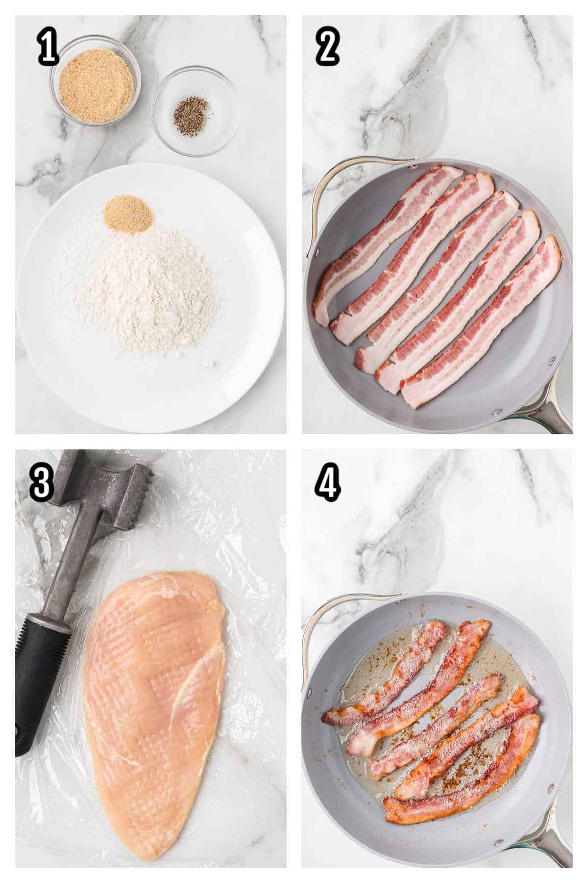 A collage depicting the first four steps to the chicken in gravy recipe. 
