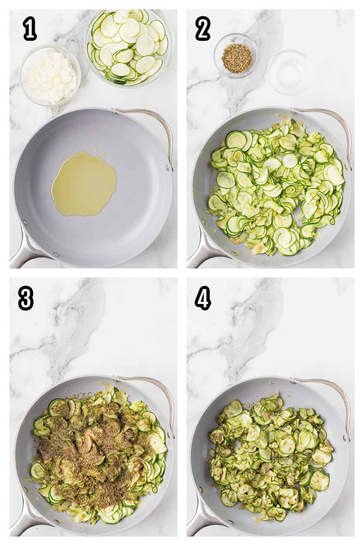 A collage featuring the first four steps to making the zucchini pie with mozzarella cheese. 