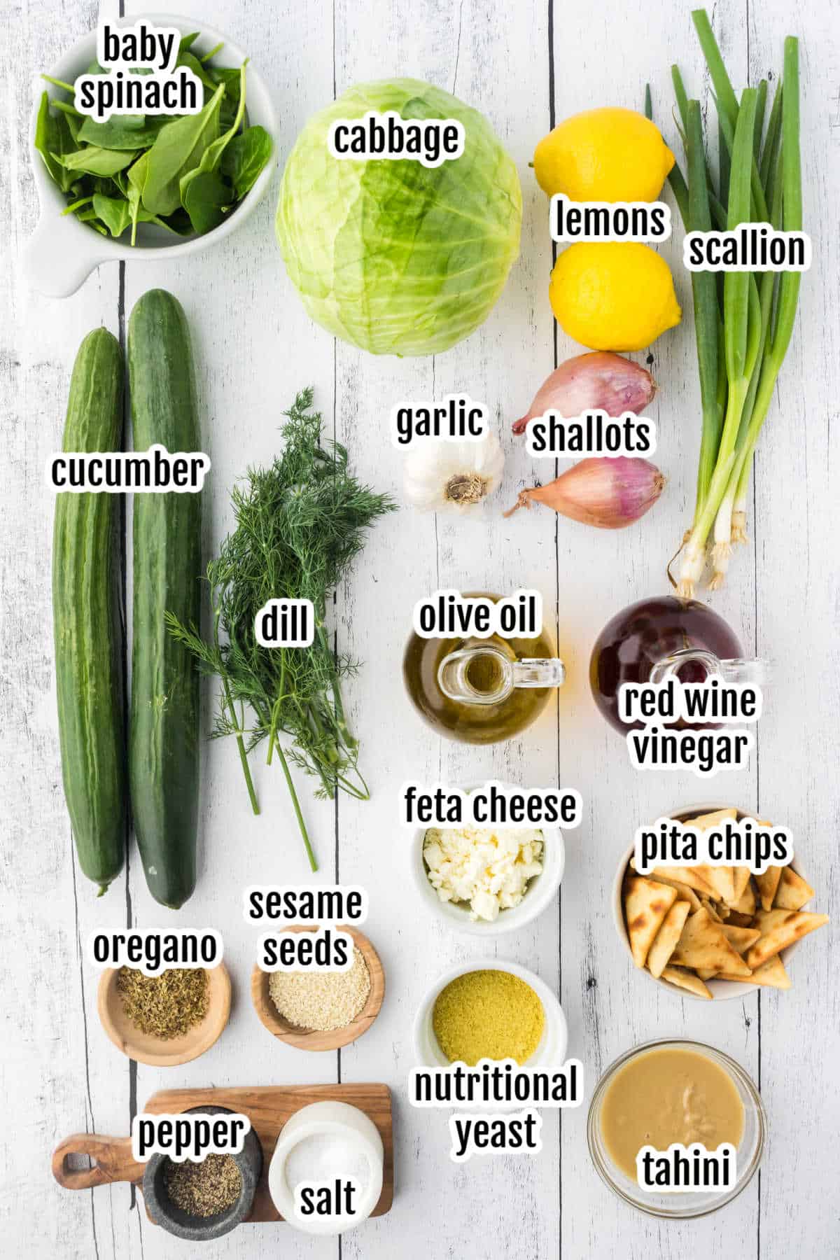 Image of the ingredients needed to make Green Goddess Salad and homemade dressing. 