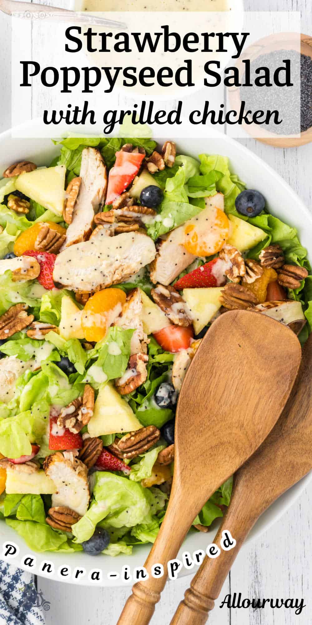 Savor the perfect combination of sweet and savory with a delicious bowl of Grilled Chicken Strawberry Salad topped with toasted pecans and tossed in a homemade citrusy poppyseed dressing, better than Panera's.